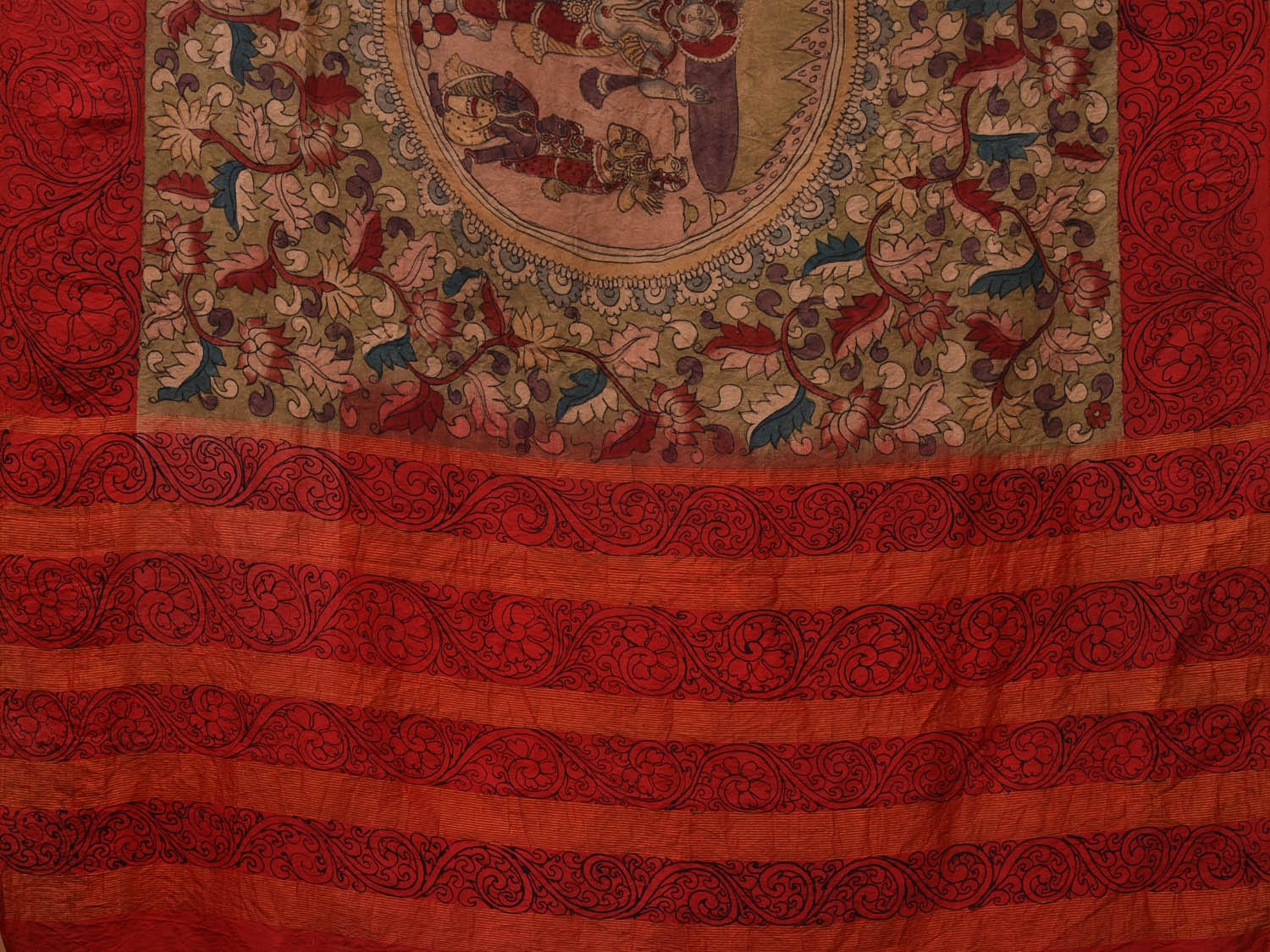 Olive and Red Kalamkari Hand Painted Gadwal Silk Handloom Saree with Floral and Krishna Leela Design KL0708