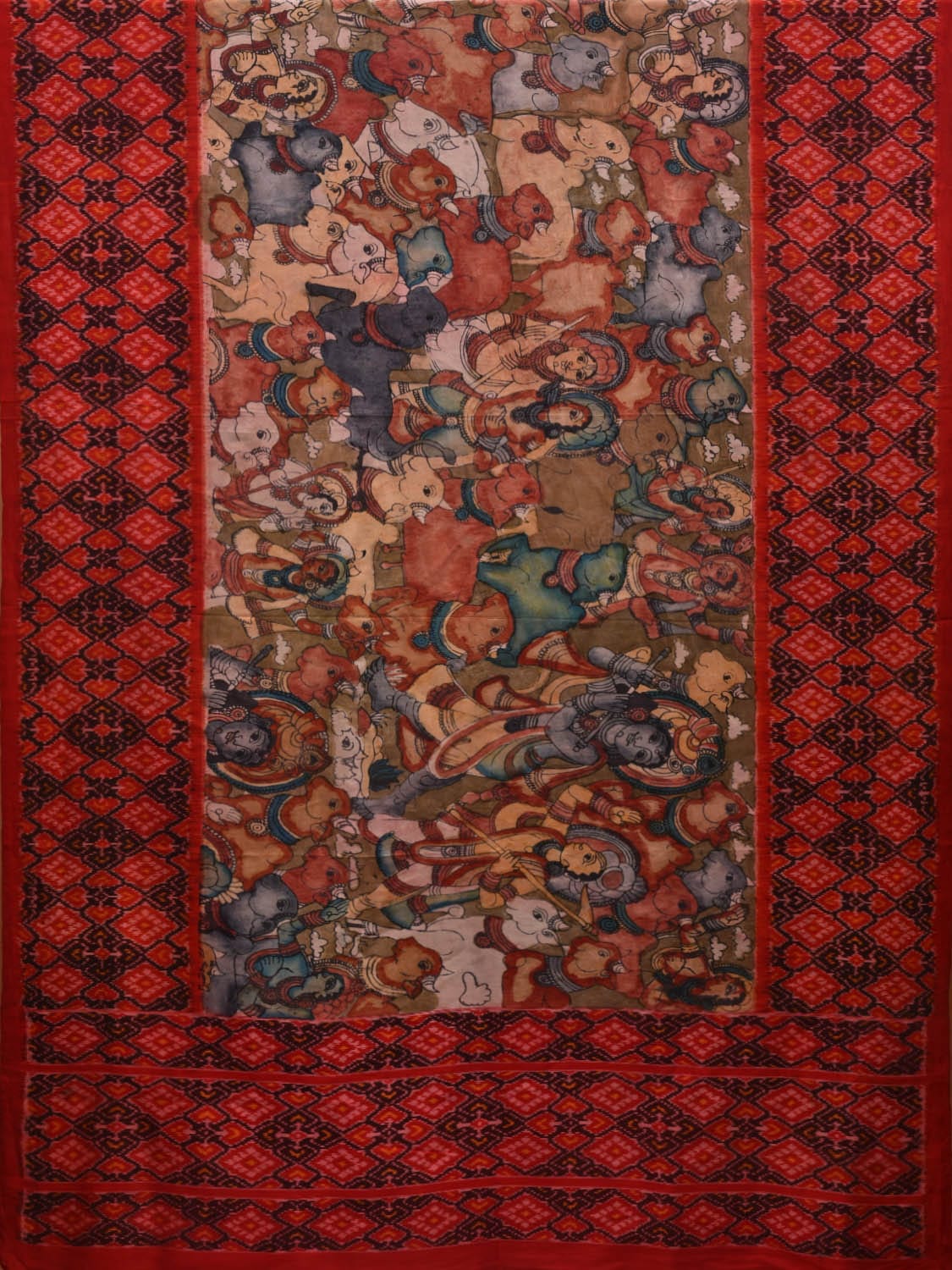 Olive and Red Kalamkari Hand Painted Ikat Silk Handloom Saree with Krishna Leela and Border Design No Blouse KL0631