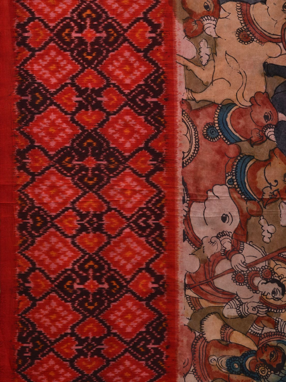 Olive and Red Kalamkari Hand Painted Ikat Silk Handloom Saree with Krishna Leela and Border Design No Blouse KL0631