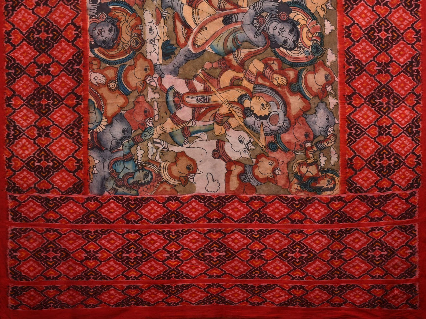 Olive and Red Kalamkari Hand Painted Ikat Silk Handloom Saree with Krishna Leela and Border Design No Blouse KL0631