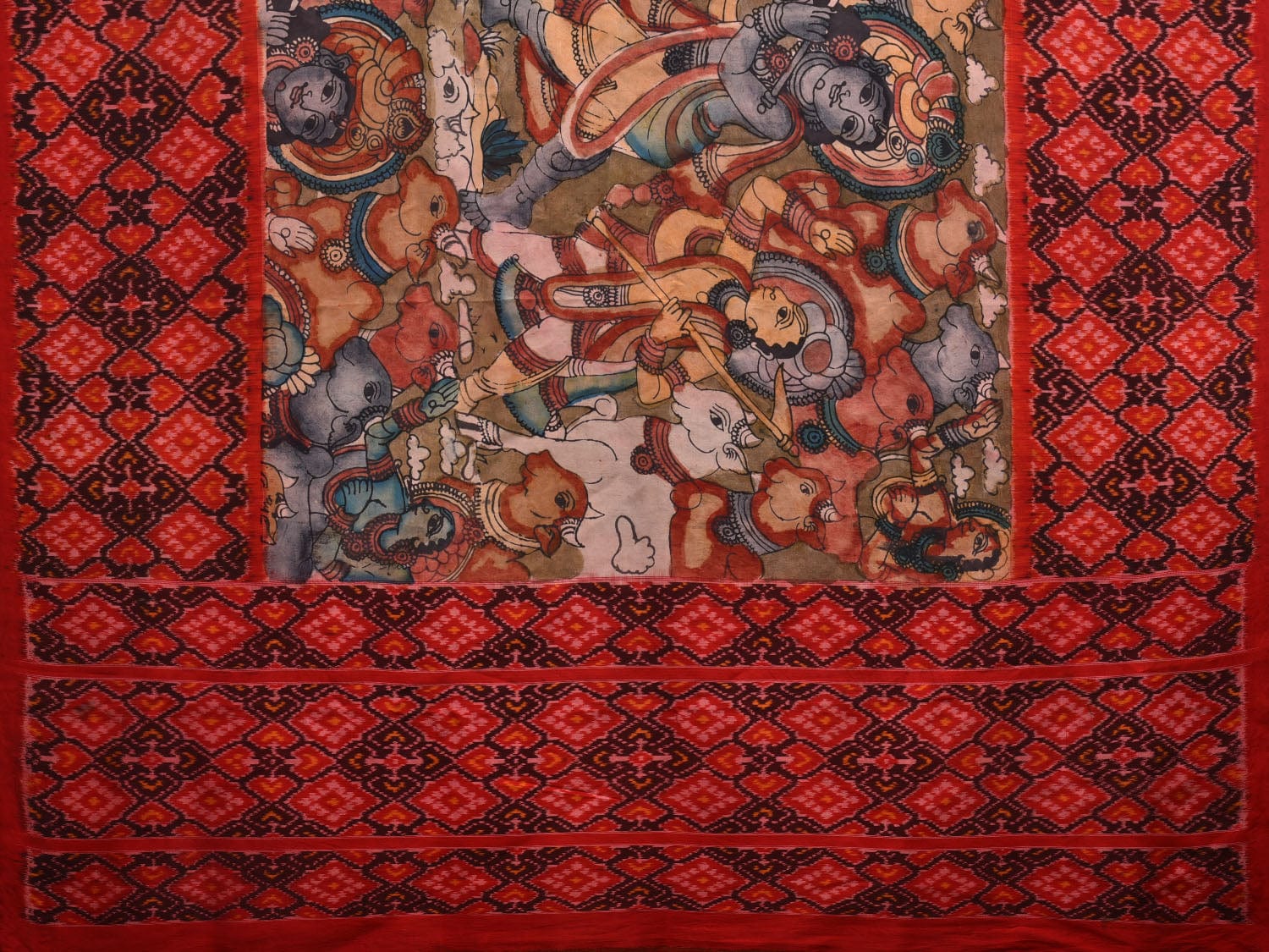 Olive and Red Kalamkari Hand Painted Ikat Silk Handloom Saree with Krishna Leela and Border Design No Blouse KL0631