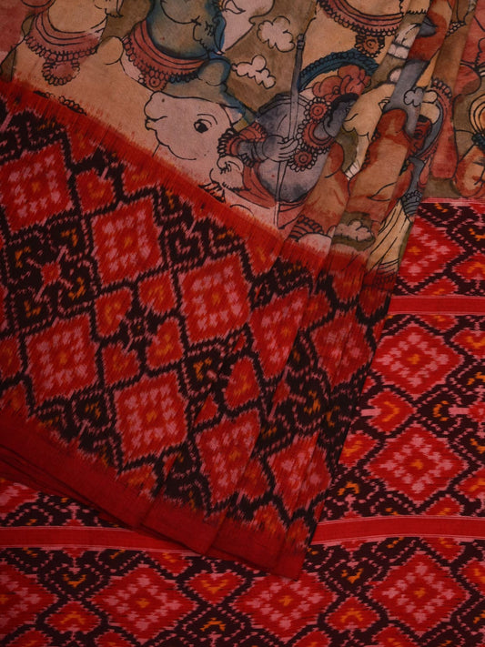Olive and Red Kalamkari Hand Painted Ikat Silk Handloom Saree with Krishna Leela and Border Design No Blouse KL0631