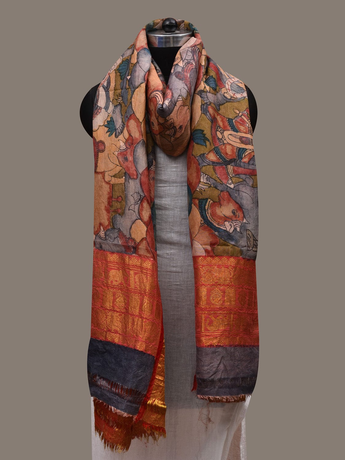 Olive and Red Kalamkari Hand Painted Kanchipuram Silk Handloom Dupatta with Krishna Leela Design ds2786