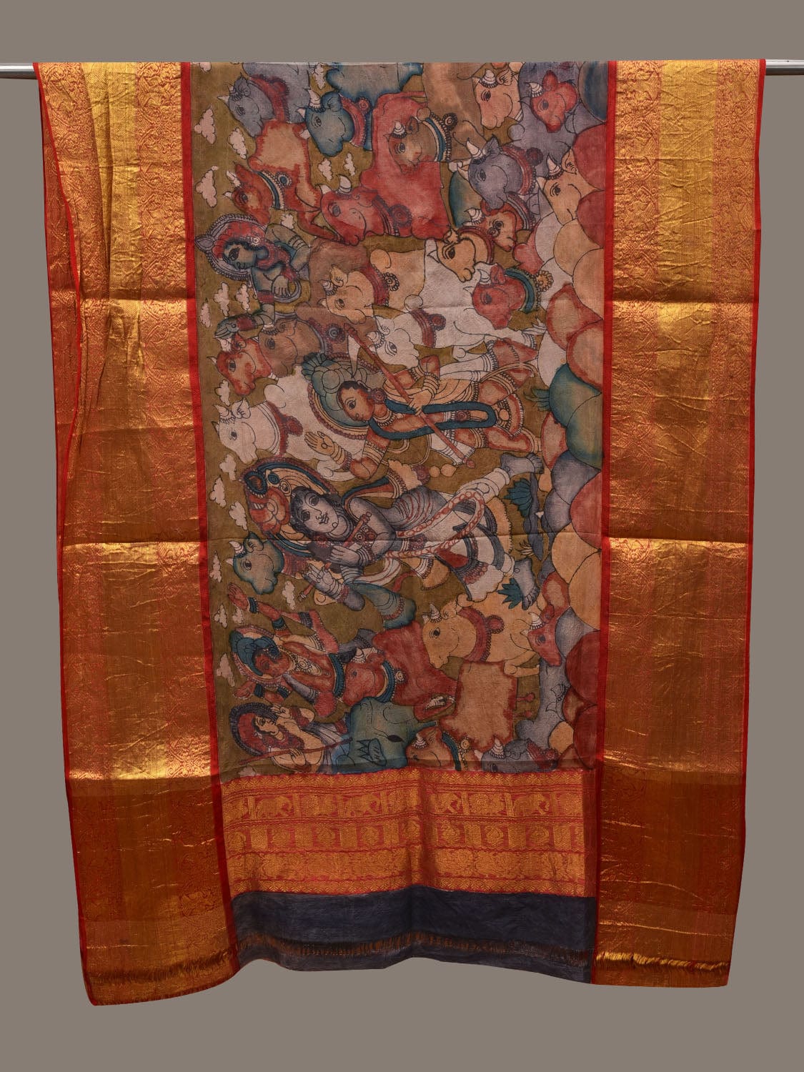 Olive and Red Kalamkari Hand Painted Kanchipuram Silk Handloom Dupatta with Krishna Leela Design ds2786