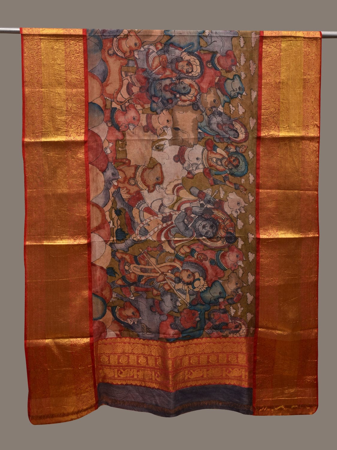 Olive and Red Kalamkari Hand Painted Kanchipuram Silk Handloom Dupatta with Krishna Leela Design ds2786