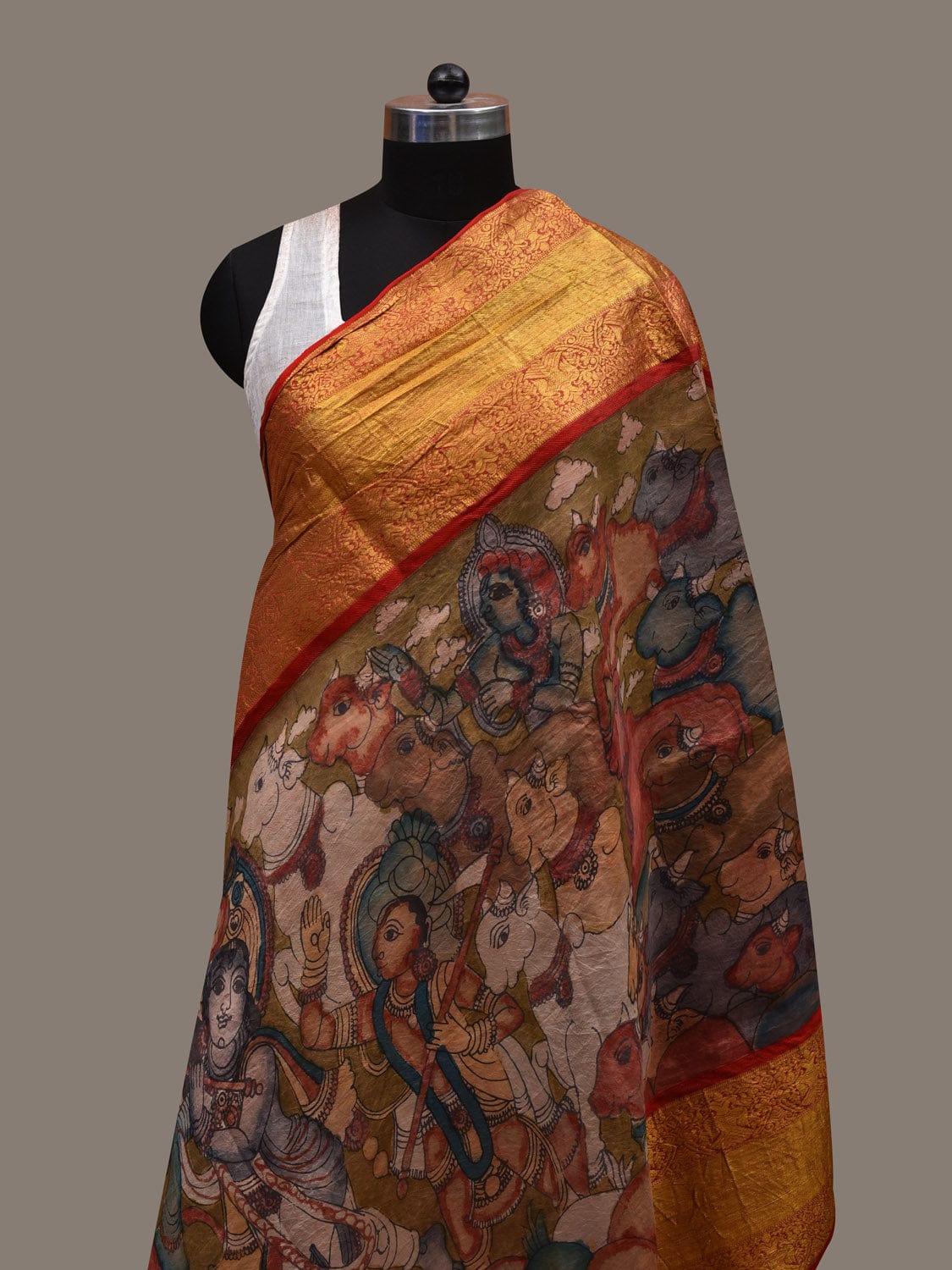 Olive and Red Kalamkari Hand Painted Kanchipuram Silk Handloom Dupatta with Krishna Leela Design ds2786