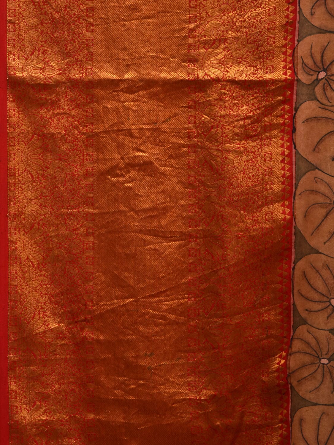 Olive and Red Kalamkari Hand Painted Kanchipuram Silk Handloom Saree with Lotus and Fish Design KL0652