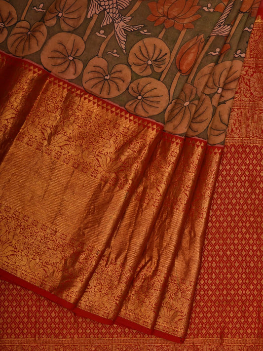 Olive and Red Kalamkari Hand Painted Kanchipuram Silk Handloom Saree with Lotus and Fish Design KL0652