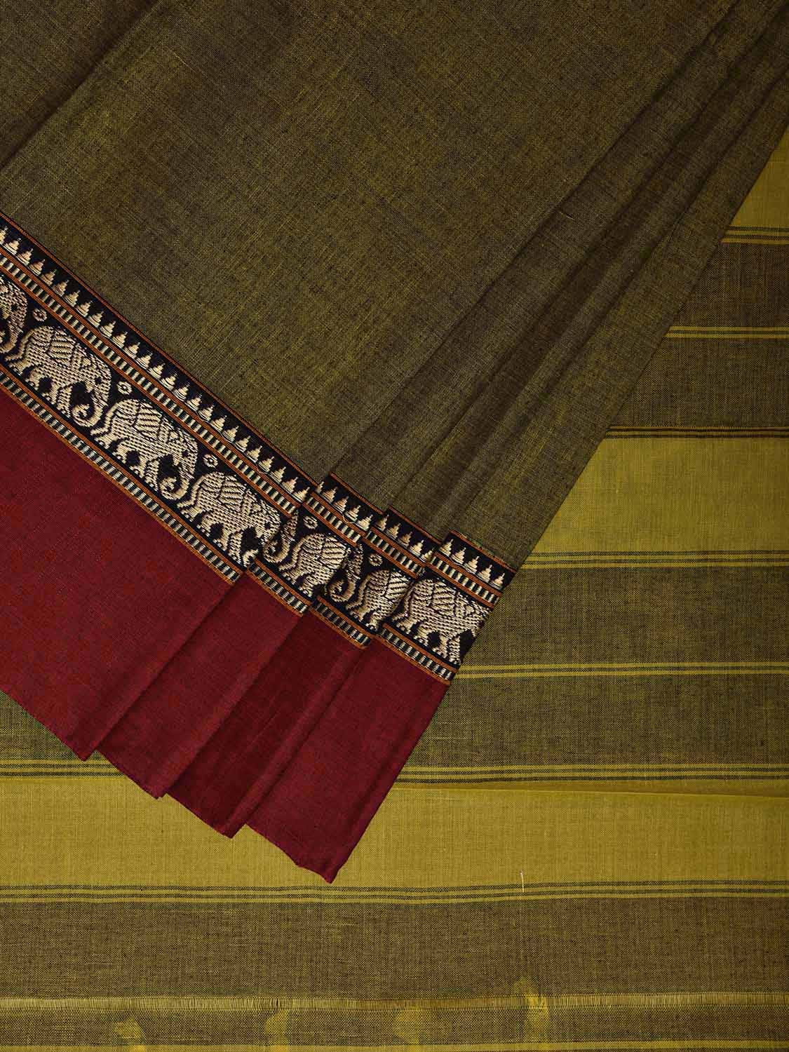 Olive and Red Narayanpet Cotton Plain Saree with Strips and Elephant Border Design No Blouse np1093