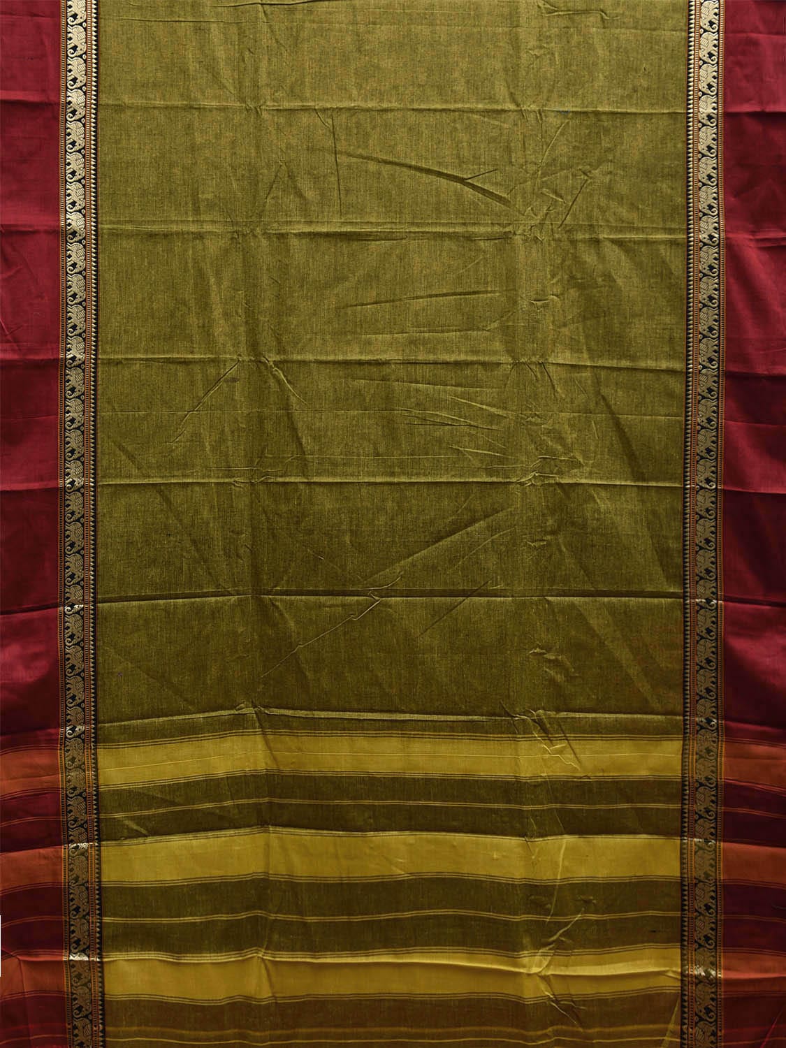 Olive and Red Narayanpet Cotton Plain Saree with Strips and Elephant Border Design No Blouse np1093