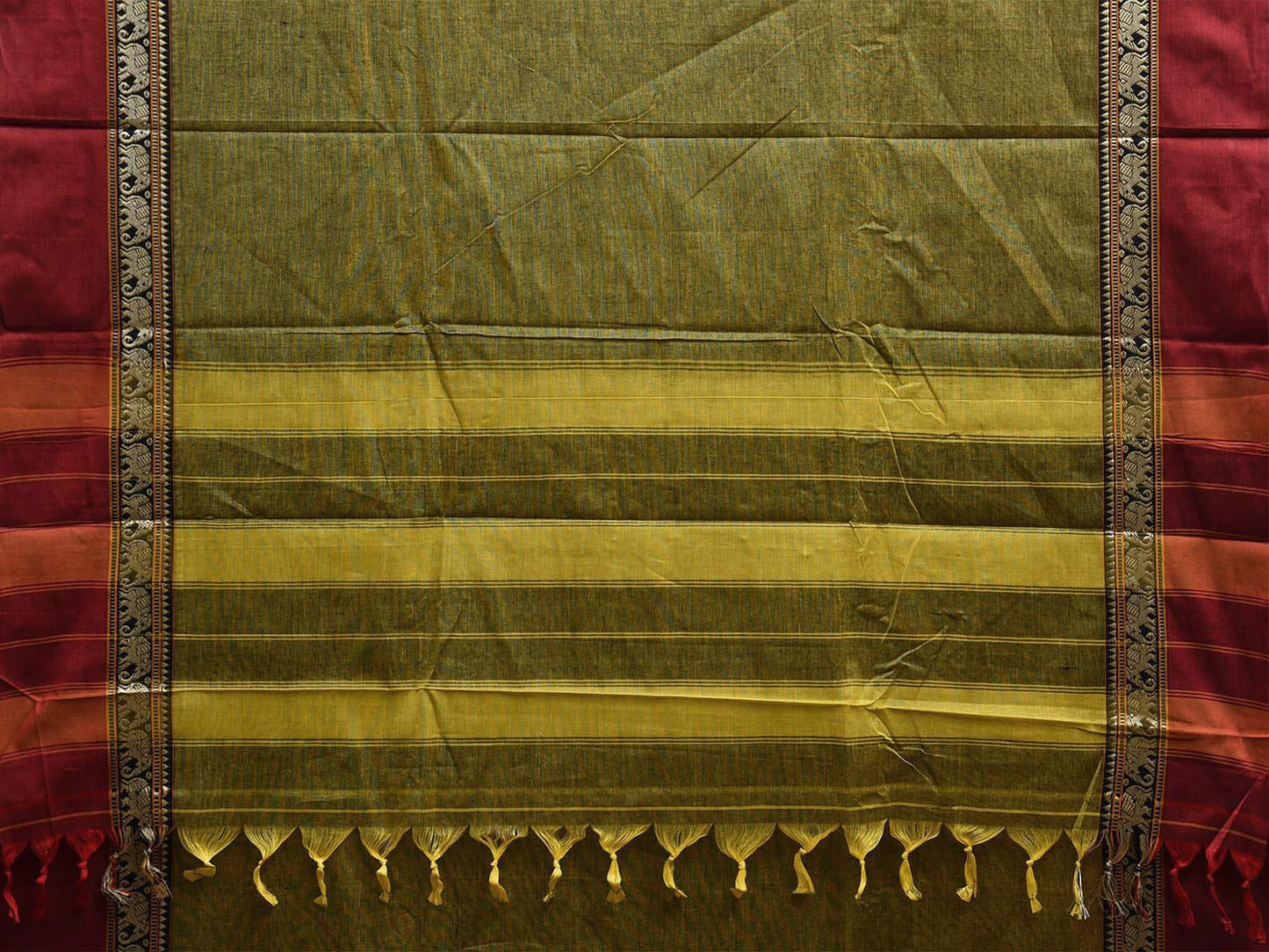 Olive and Red Narayanpet Cotton Plain Saree with Strips and Elephant Border Design No Blouse np1093