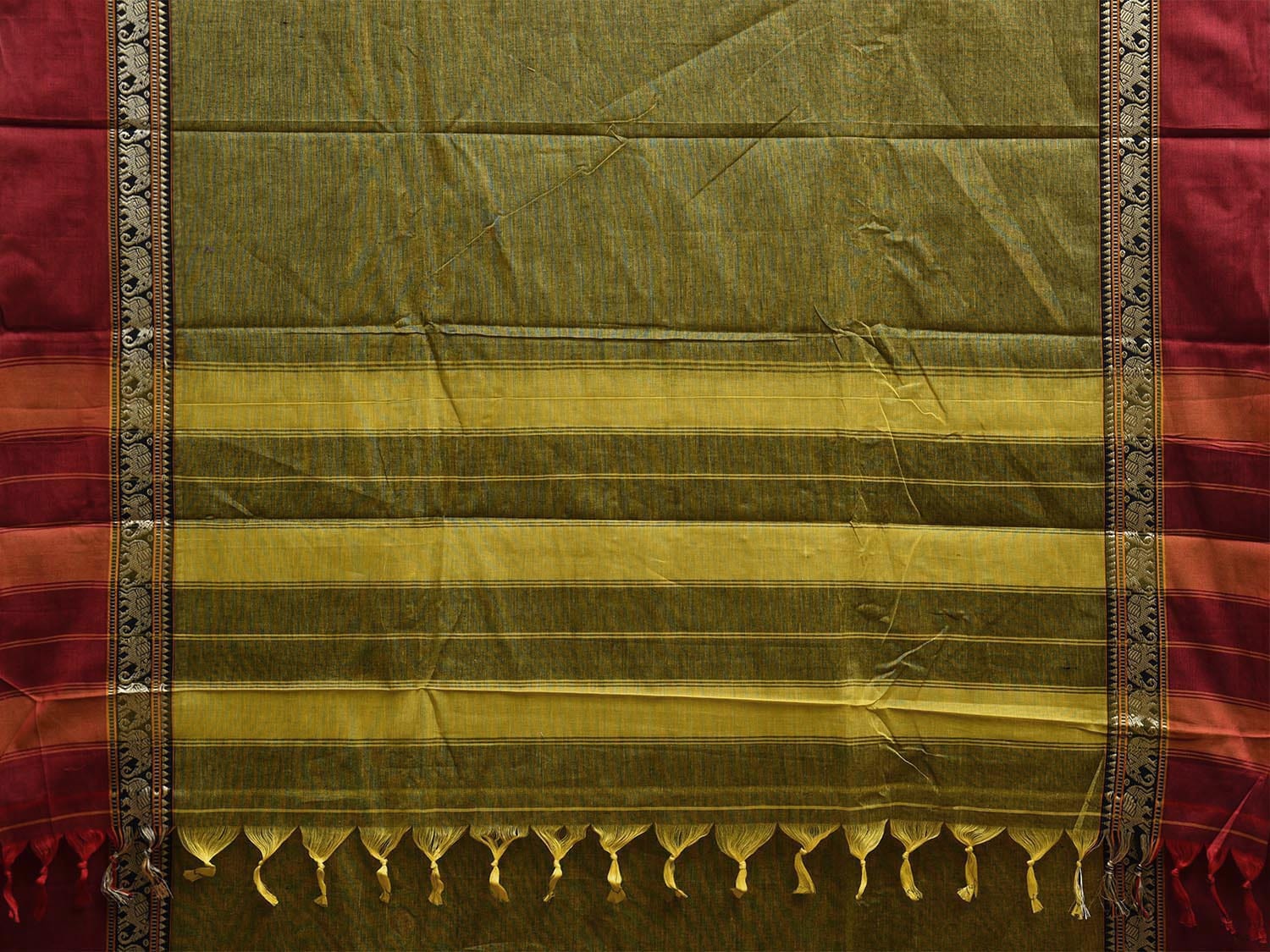 Olive and Red Narayanpet Cotton Plain Saree with Strips and Elephant Border Design No Blouse np1093