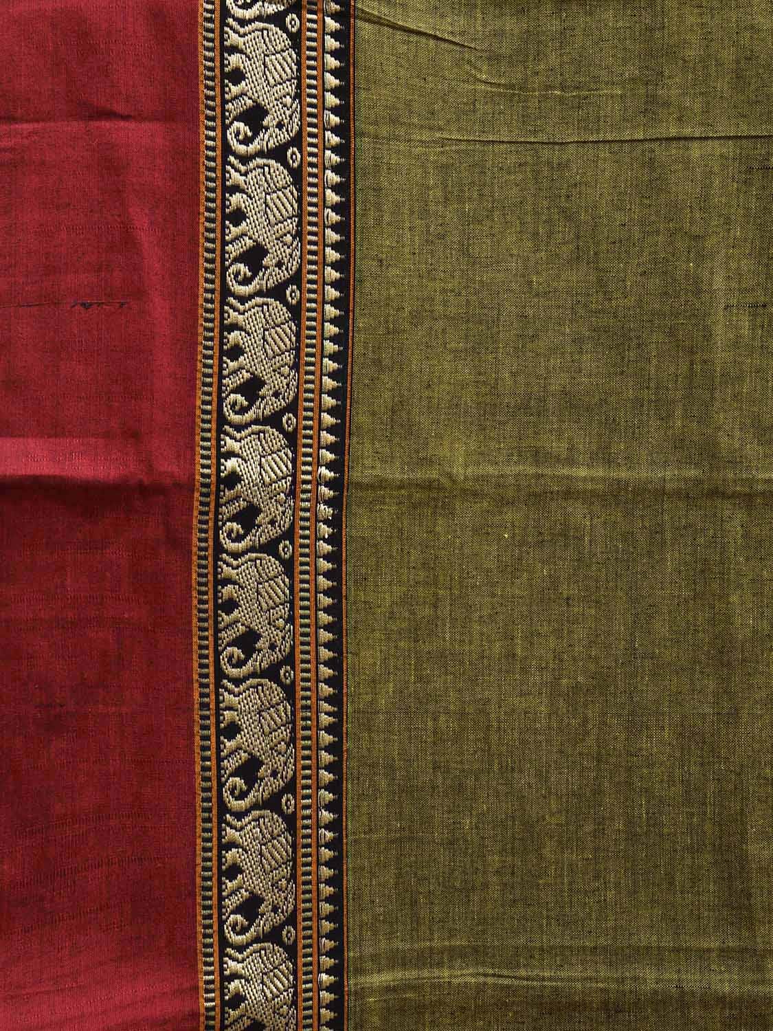 Olive and Red Narayanpet Cotton Plain Saree with Strips and Elephant Border Design No Blouse np1093