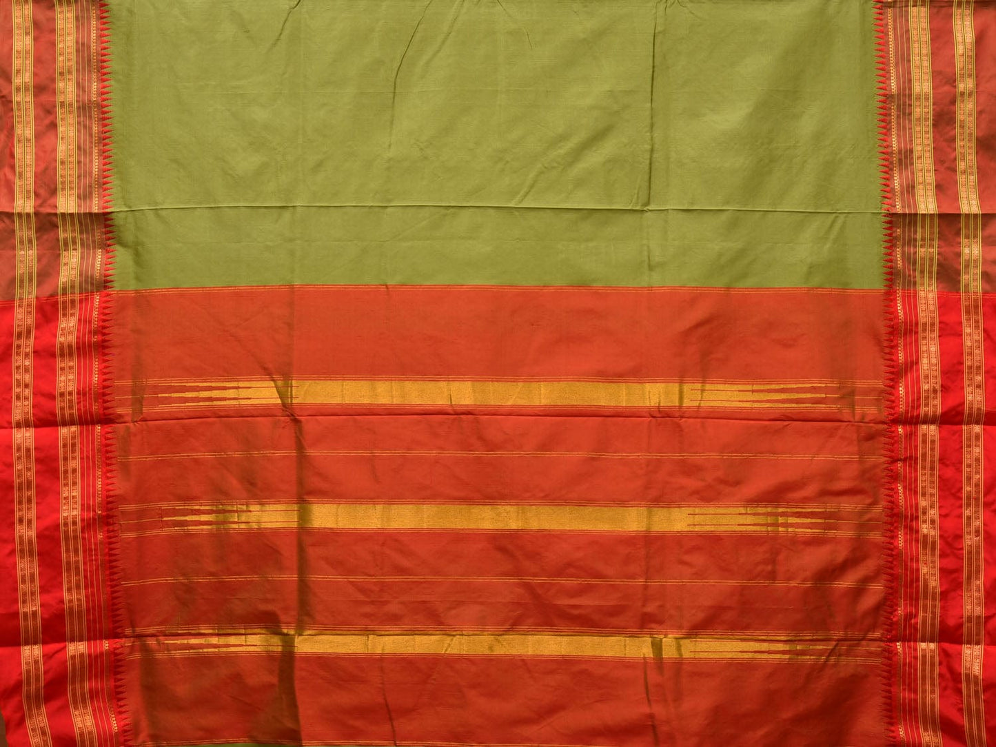 Olive and Red Narayanpet Silk Handloom Plain Saree with Traditional Border Design No Blouse np0670