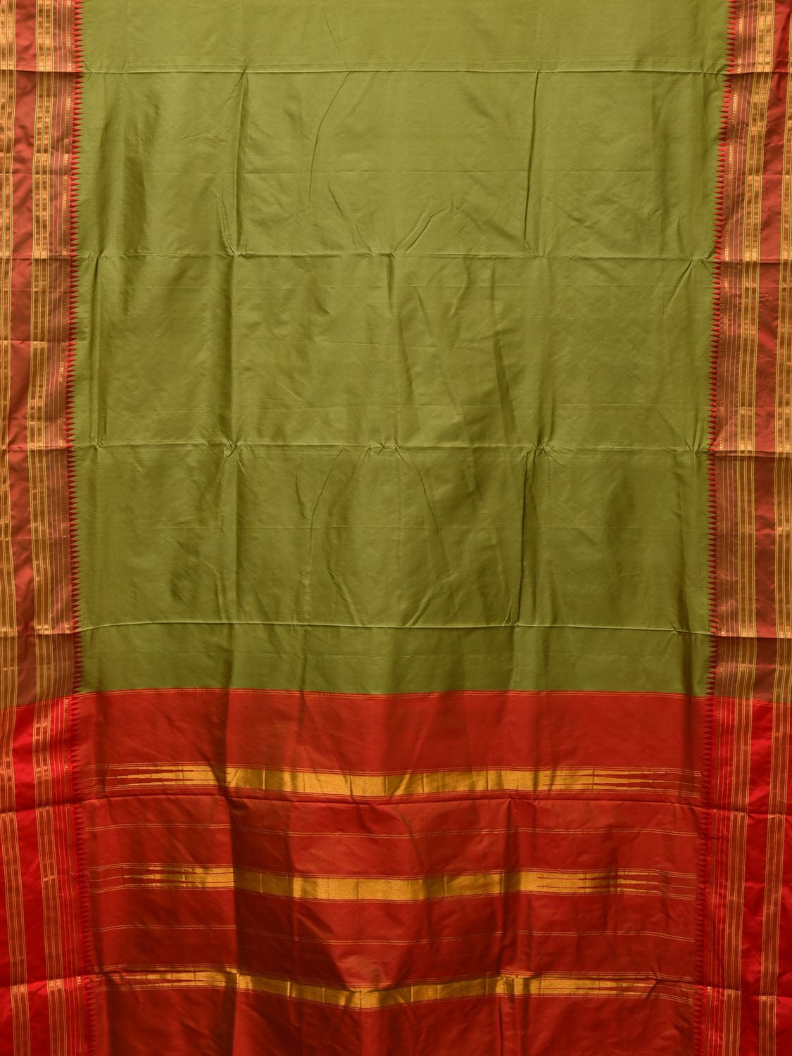 Olive and Red Narayanpet Silk Handloom Plain Saree with Traditional Border Design No Blouse np0670