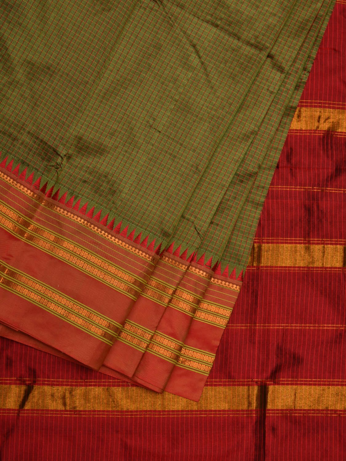 Olive and Red Narayanpet Silk Handloom Saree with Checks Design No Blouse np580