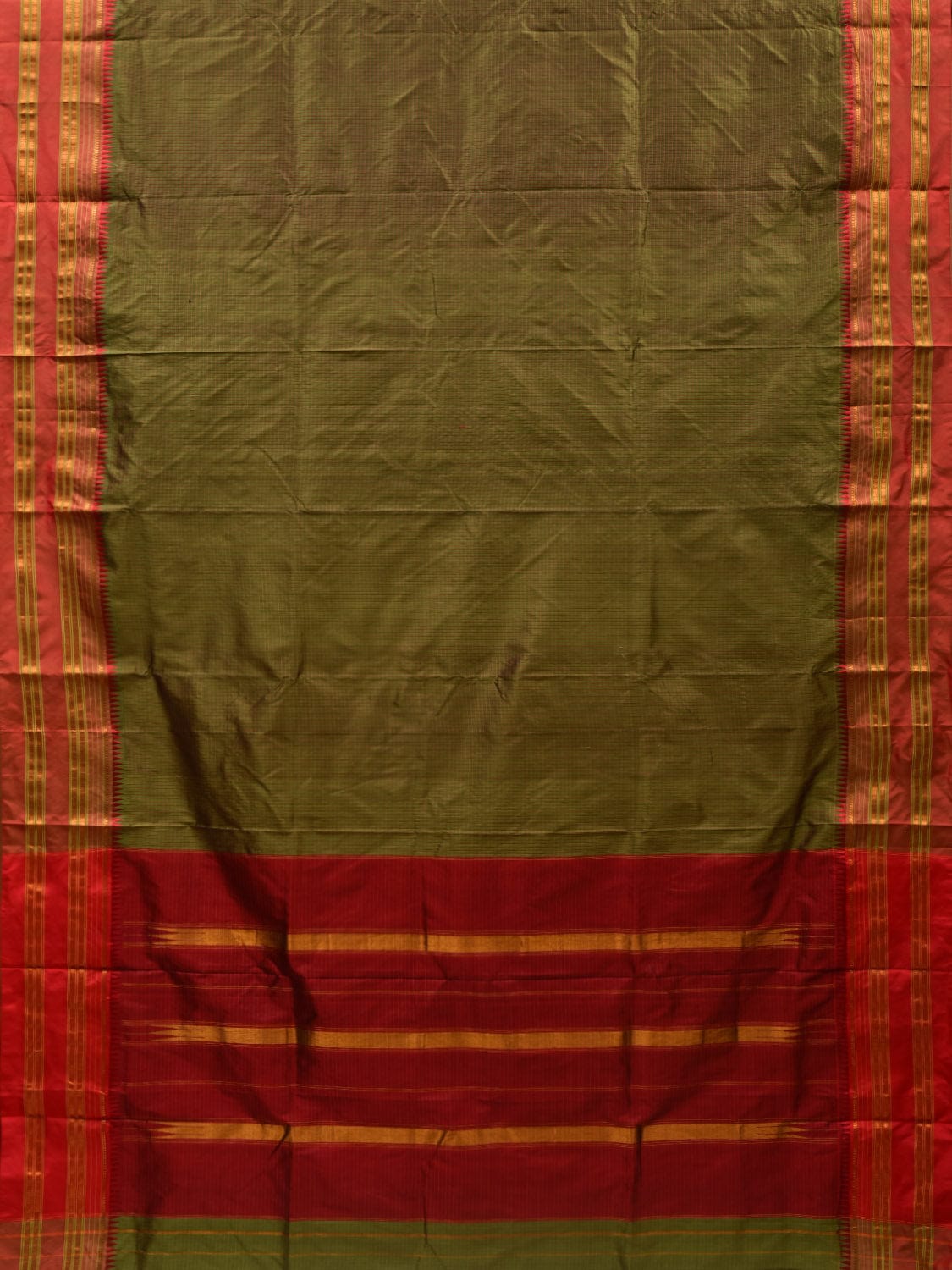 Olive and Red Narayanpet Silk Handloom Saree with Checks Design No Blouse np580
