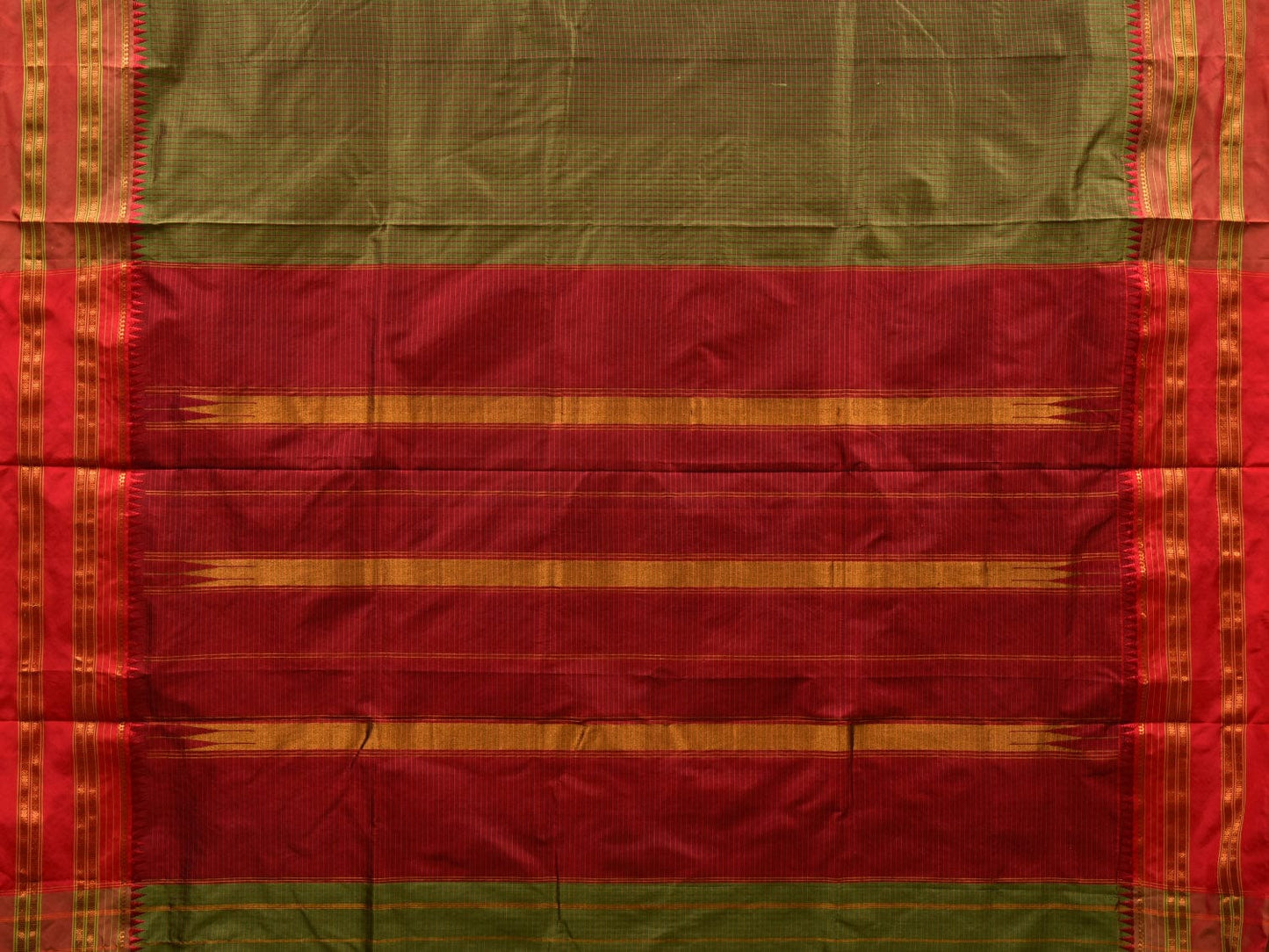 Olive and Red Narayanpet Silk Handloom Saree with Checks Design No Blouse np580