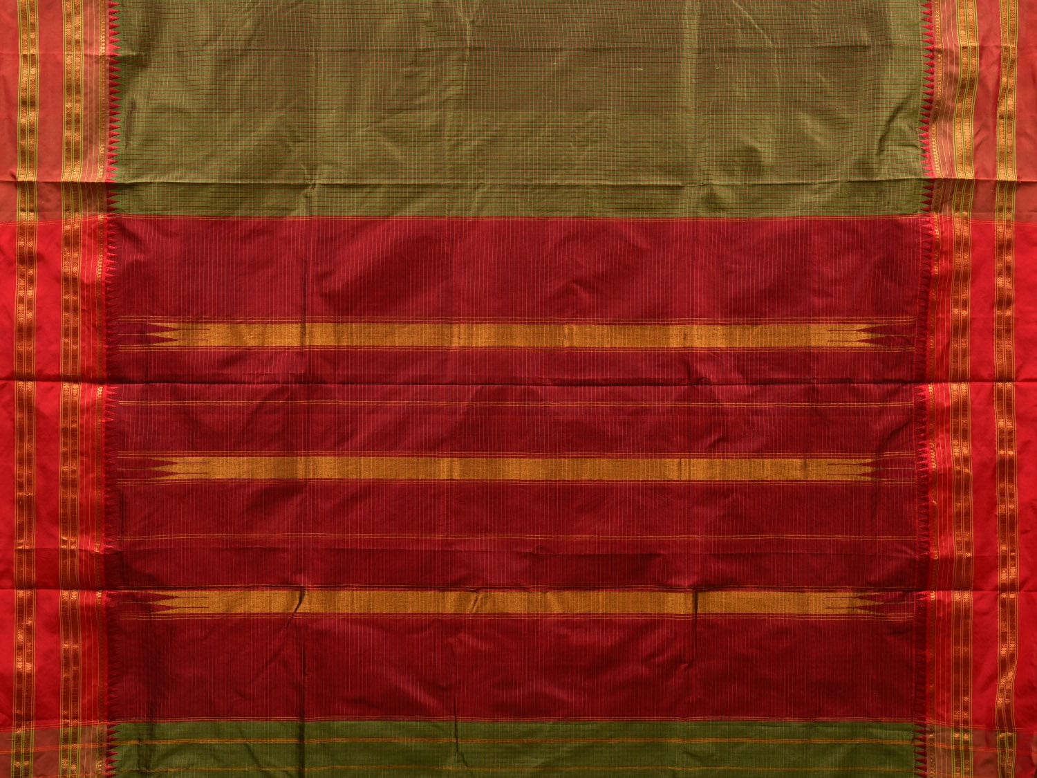 Olive and Red Narayanpet Silk Handloom Saree with Checks Design No Blouse np580