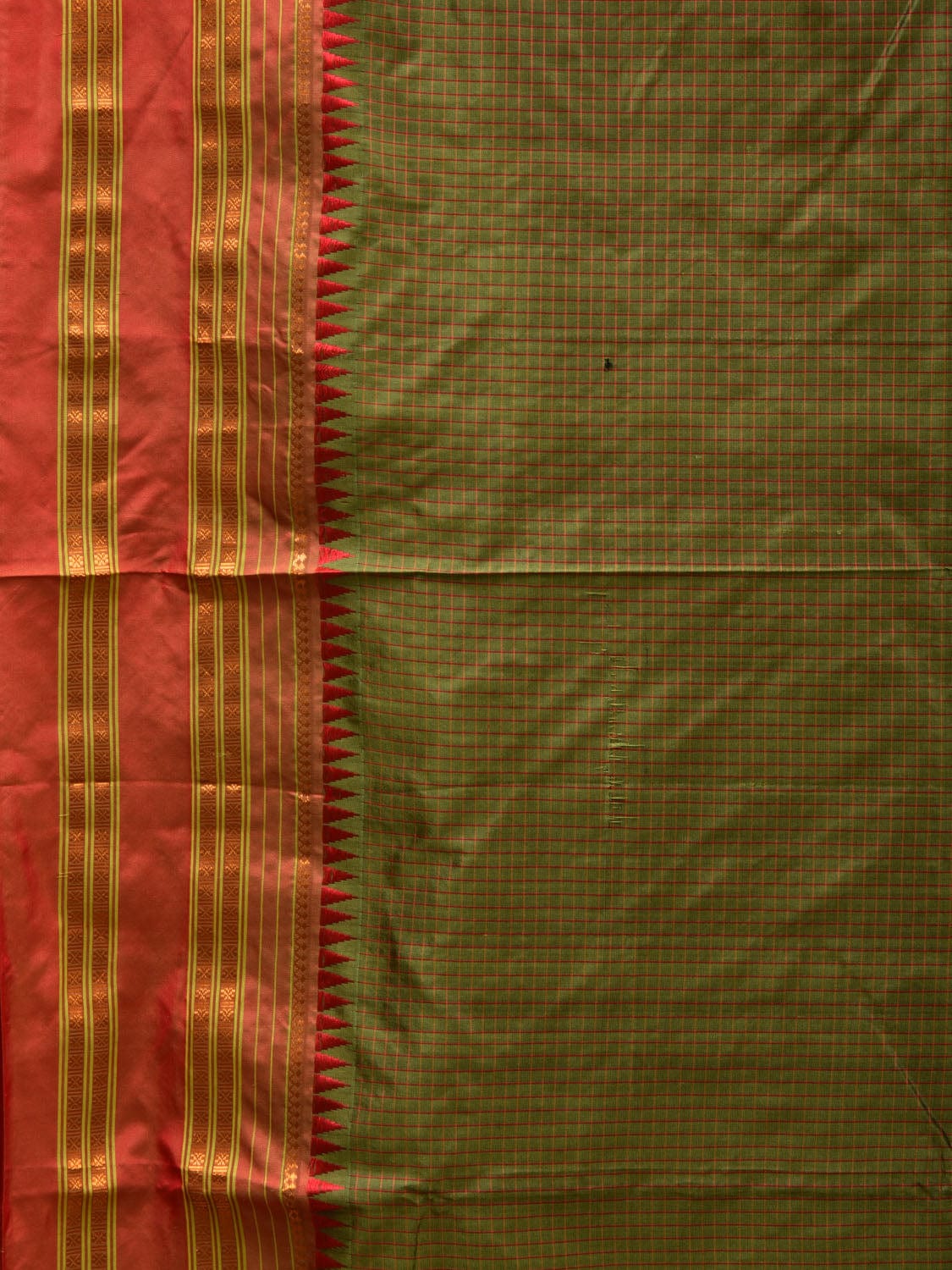 Olive and Red Narayanpet Silk Handloom Saree with Checks Design No Blouse np580