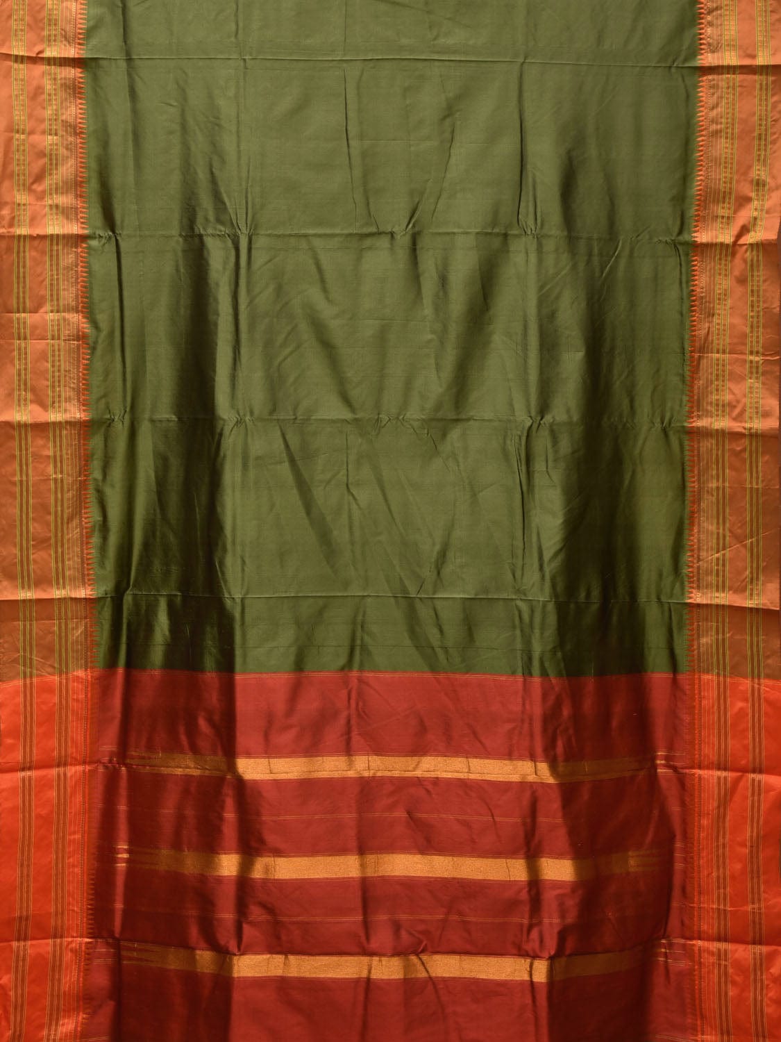Olive and Rust Narayanpet Silk Handloom Plain Saree with Traditional Border Design No Blouse np0675