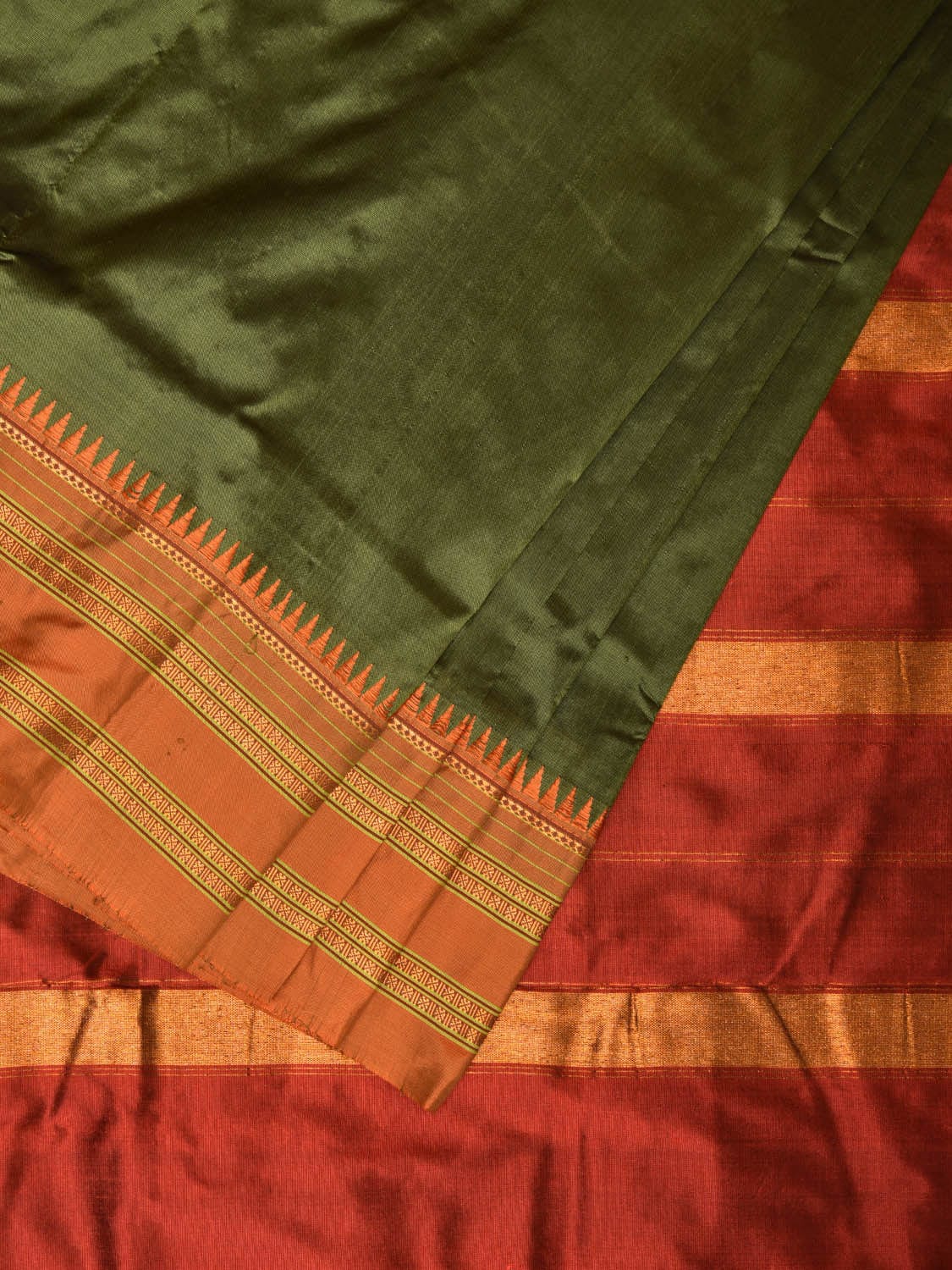 Olive and Rust Narayanpet Silk Handloom Plain Saree with Traditional Border Design No Blouse np0675