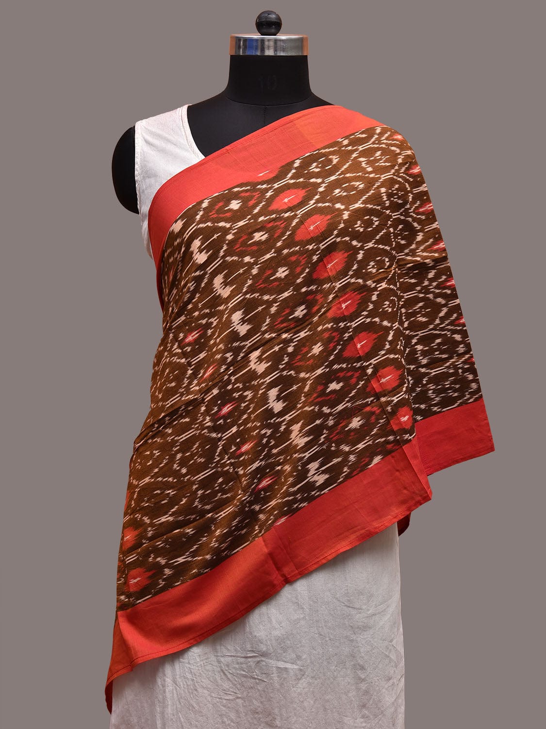 Olive and Rust Pochampally Ikat Cotton Handloom Stole with Grill Design ds3645