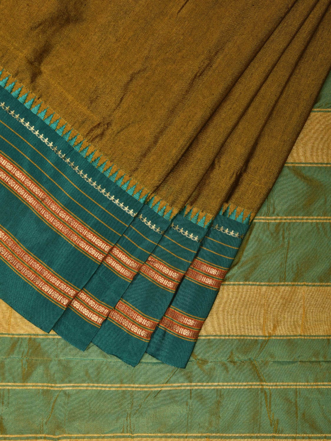 Olive and Teal Narayanpet Silk Handloom Plain Saree with Contrast Pallu Design np0931