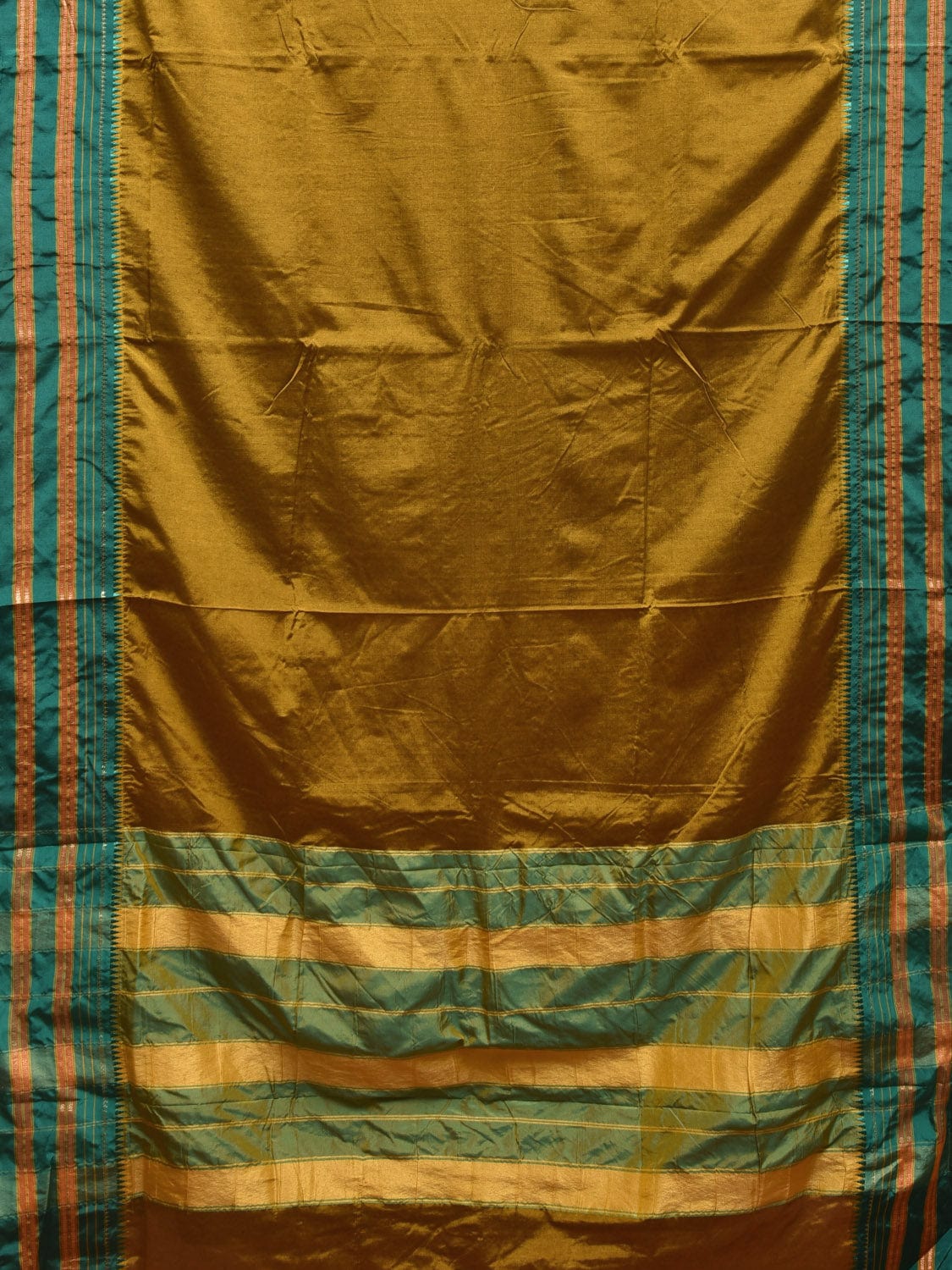 Olive and Teal Narayanpet Silk Handloom Plain Saree with Contrast Pallu Design np0931