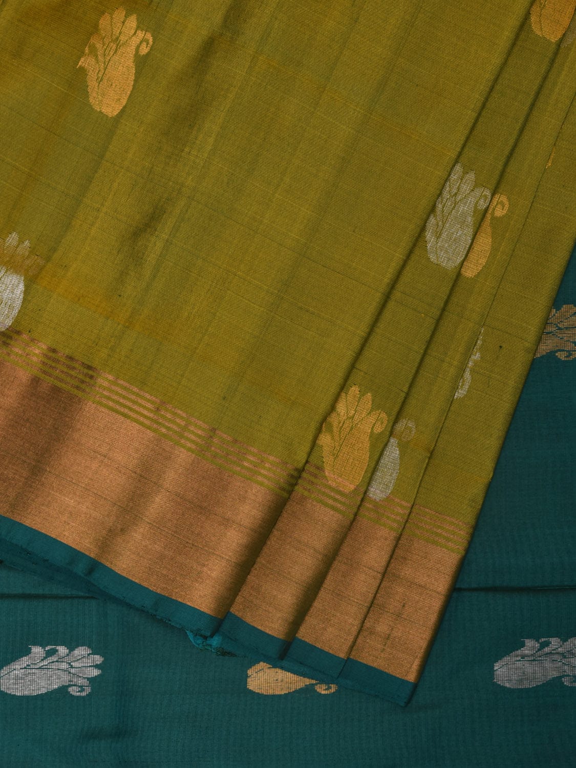 Olive and Teal Uppada Silk Handloom Saree with Body Buta Design u2256