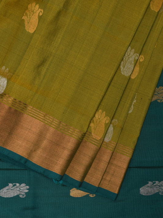 Olive and Teal Uppada Silk Handloom Saree with Body Buta Design u2256