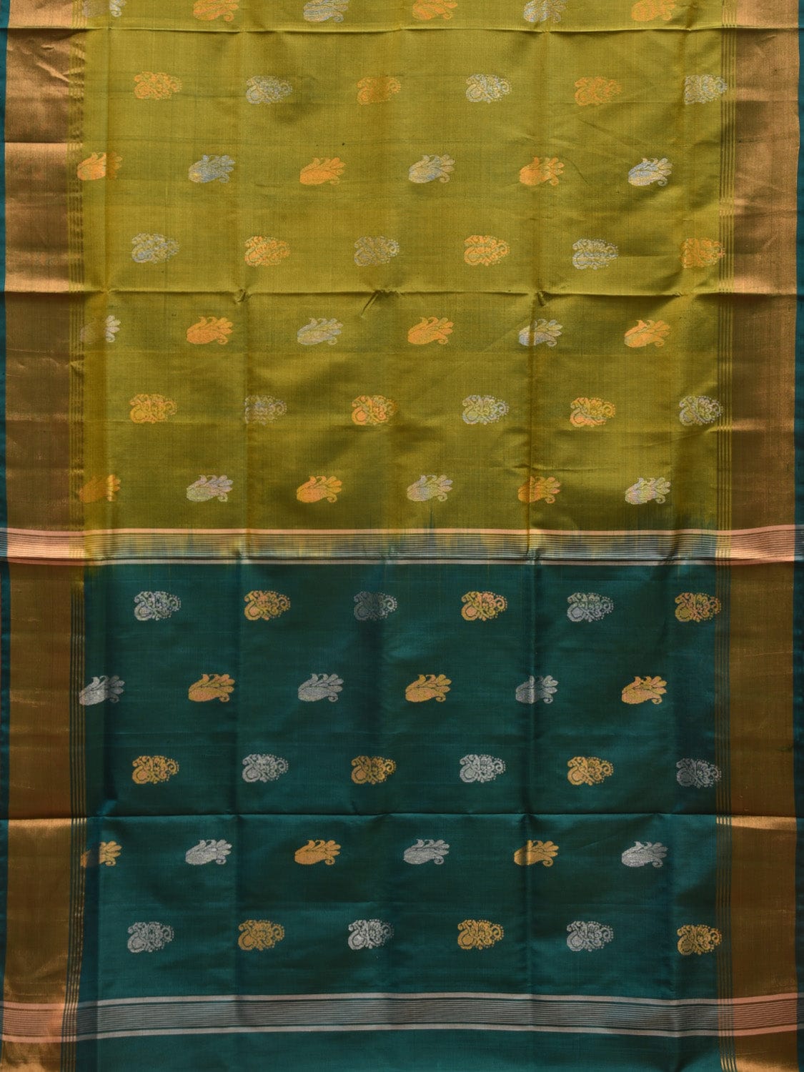 Olive and Teal Uppada Silk Handloom Saree with Body Buta Design u2256