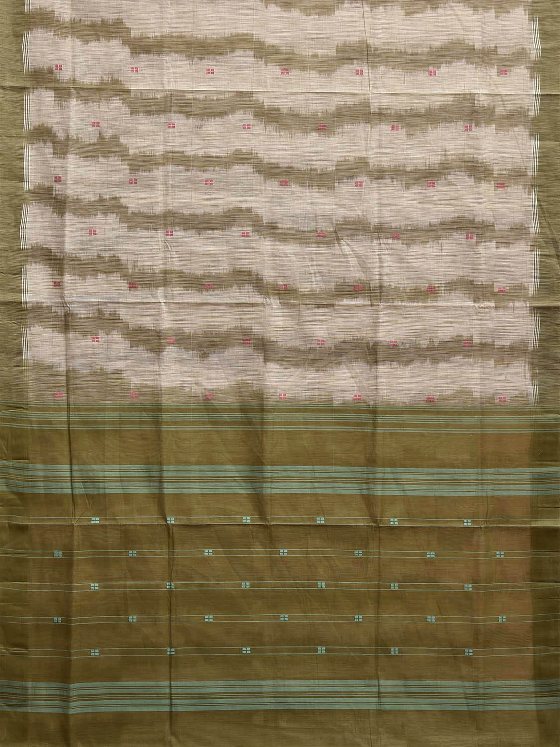 Olive and White Venkatagiri Cotton Saree with Strips Pallu and Ikat Style Design v0132