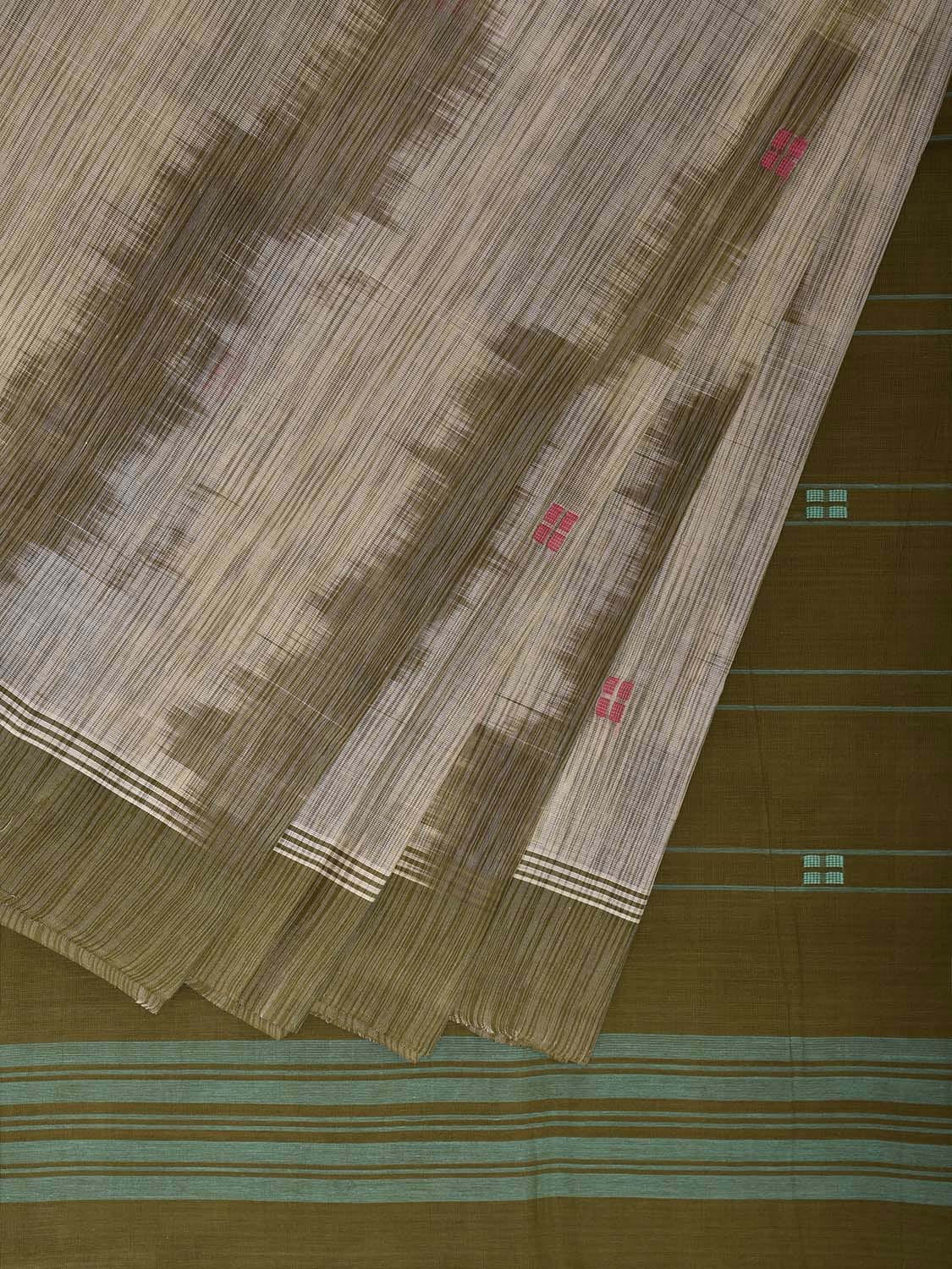 Olive and White Venkatagiri Cotton Saree with Strips Pallu and Ikat Style Design v0132