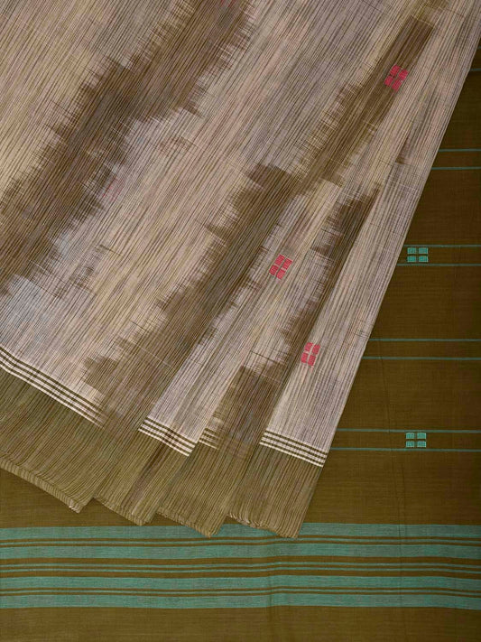 Olive and White Venkatagiri Cotton Saree with Strips Pallu and Ikat Style Design v0132