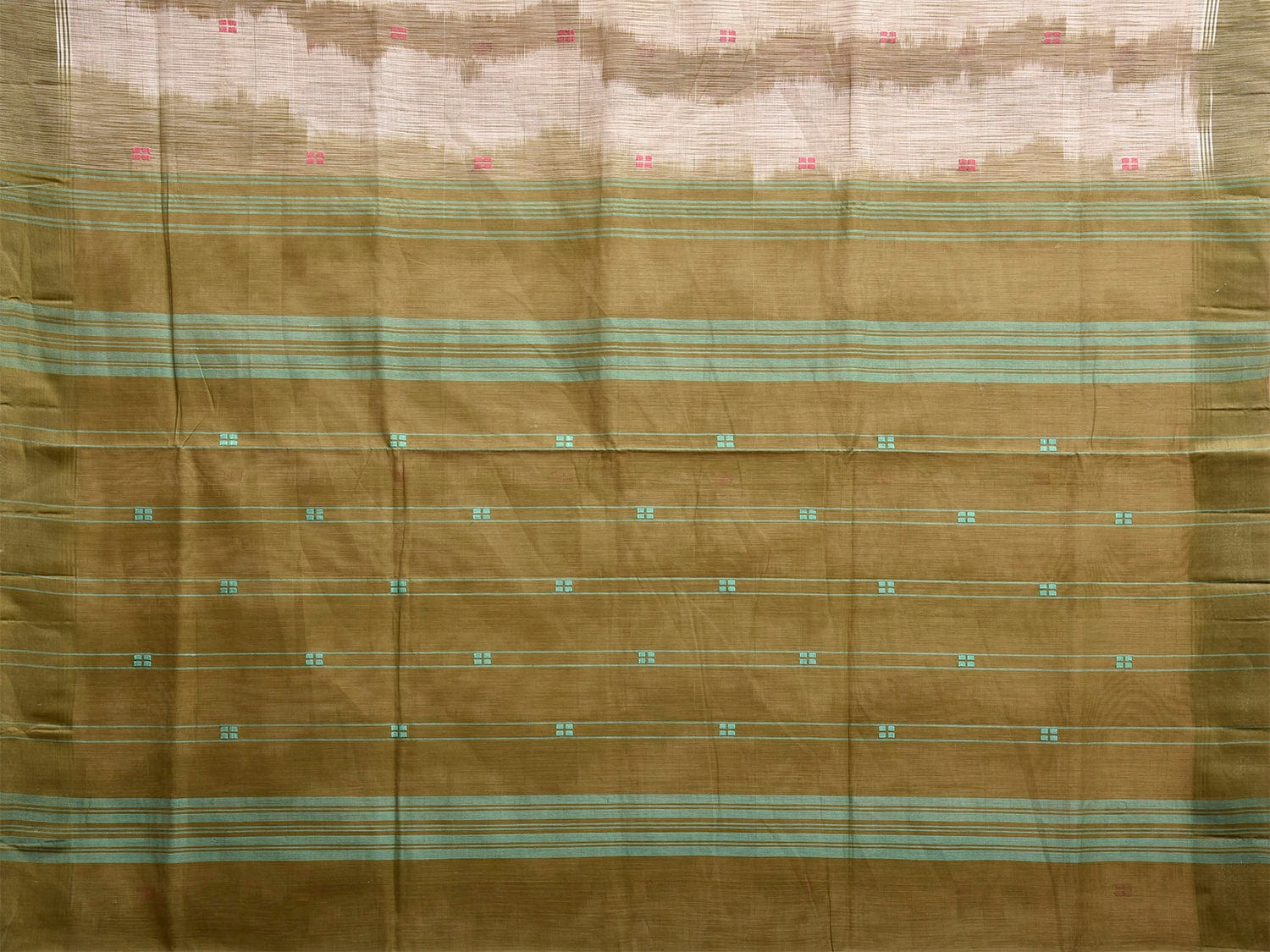 Olive and White Venkatagiri Cotton Saree with Strips Pallu and Ikat Style Design v0132