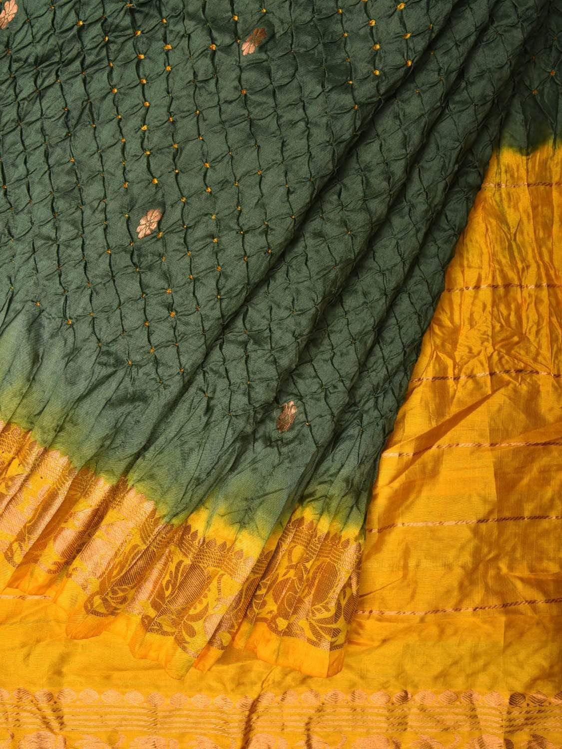 Olive and Yellow Bandhani Kanchipuram Silk Handloom Saree with Border Design bn0221