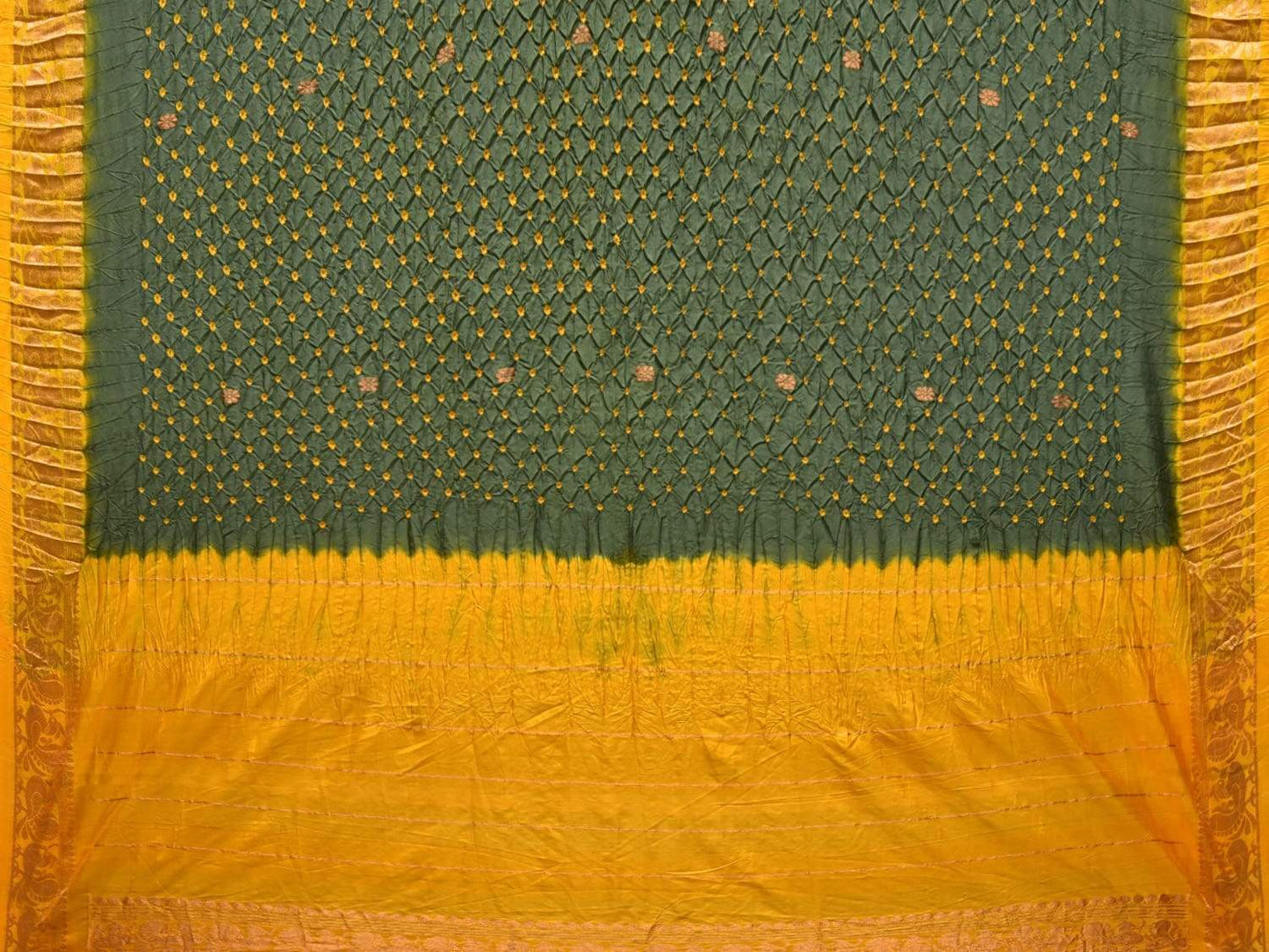 Olive and Yellow Bandhani Kanchipuram Silk Handloom Saree with Border Design bn0221