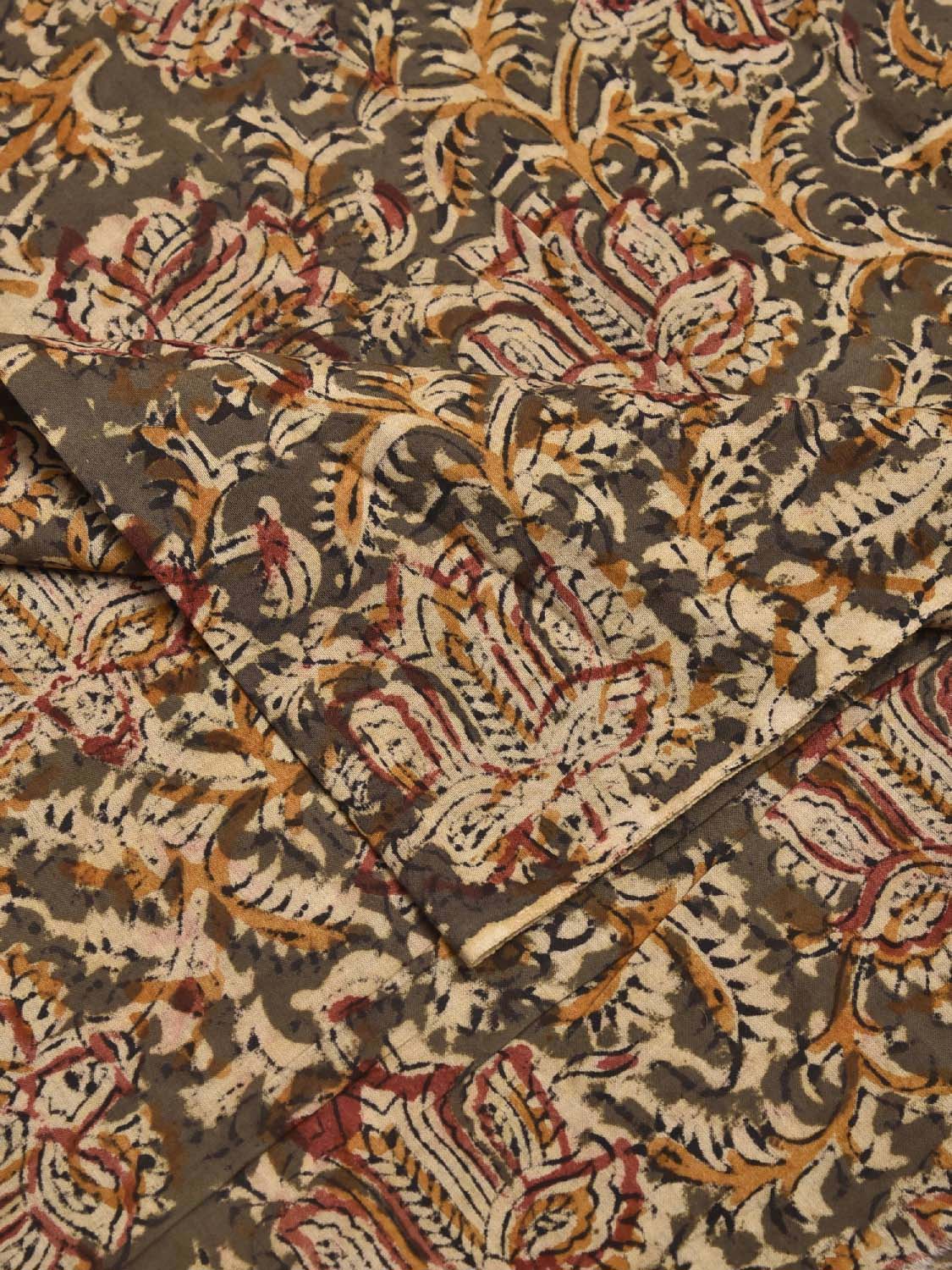 Olive and Yellow Kalamkari Block Print Cotton Blouse with Floral Design Length 1mt Width 44 Inches BL0125