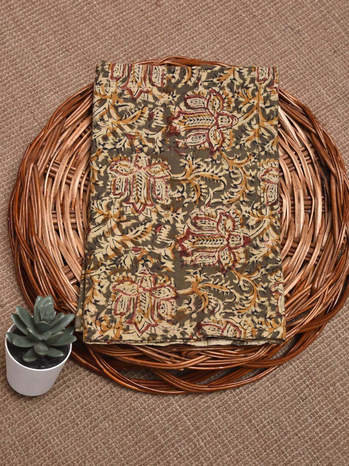 Olive and Yellow Kalamkari Block Print Cotton Blouse with Floral Design Length 1mt Width 44 Inches BL0125