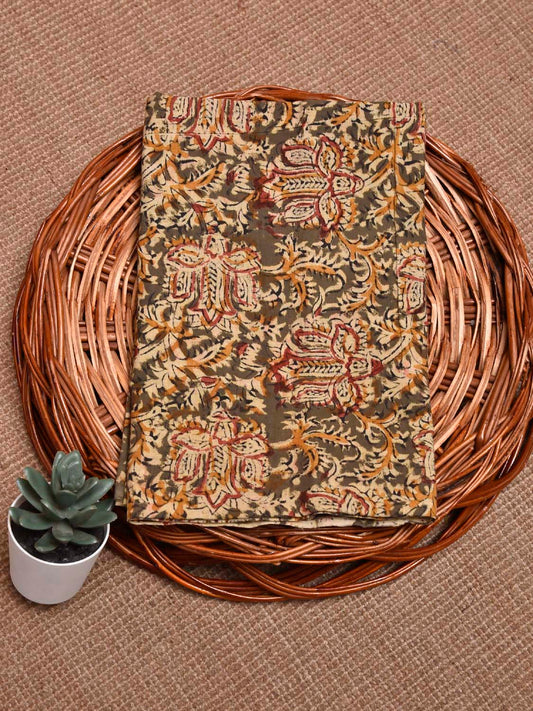 Olive and Yellow Kalamkari Block Print Cotton Blouse with Floral Design Length 1mt Width 44 Inches BL0125