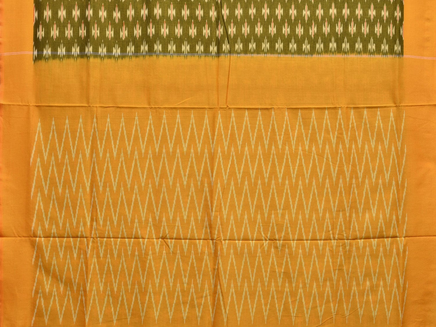 Olive and Yellow Pochampally Ikat Cotton Handloom Saree with Zig-Zag Pallu Design No Blouse i0844