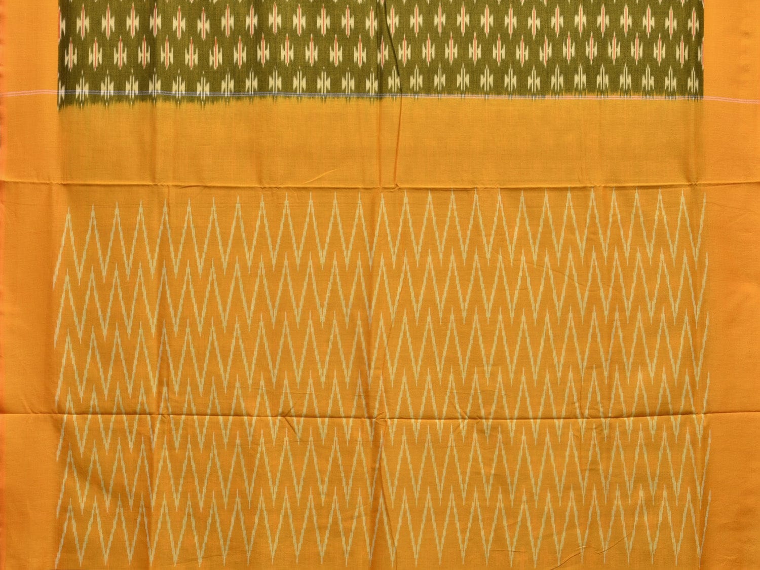 Olive and Yellow Pochampally Ikat Cotton Handloom Saree with Zig-Zag Pallu Design No Blouse i0844