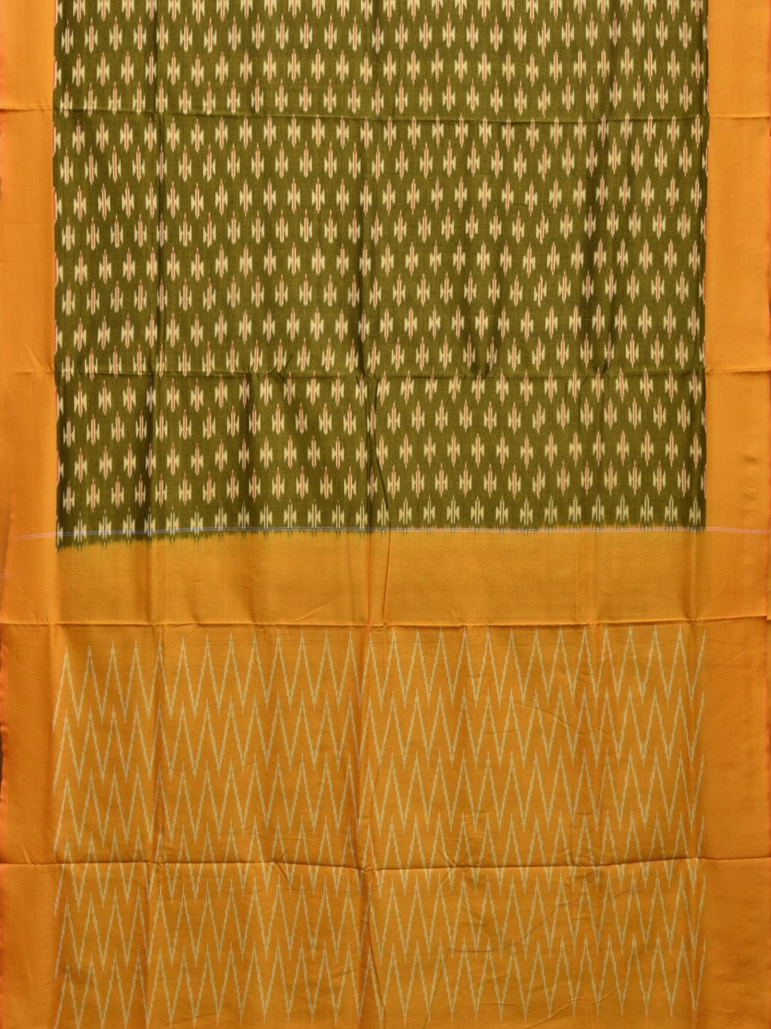 Olive and Yellow Pochampally Ikat Cotton Handloom Saree with Zig-Zag Pallu Design No Blouse i0844