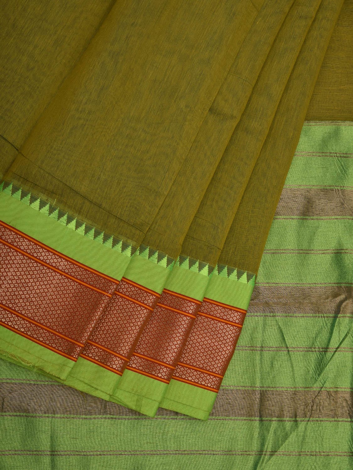 Olive Bamboo Cotton Plain Saree with Paithani Border Design No Blouse o0338