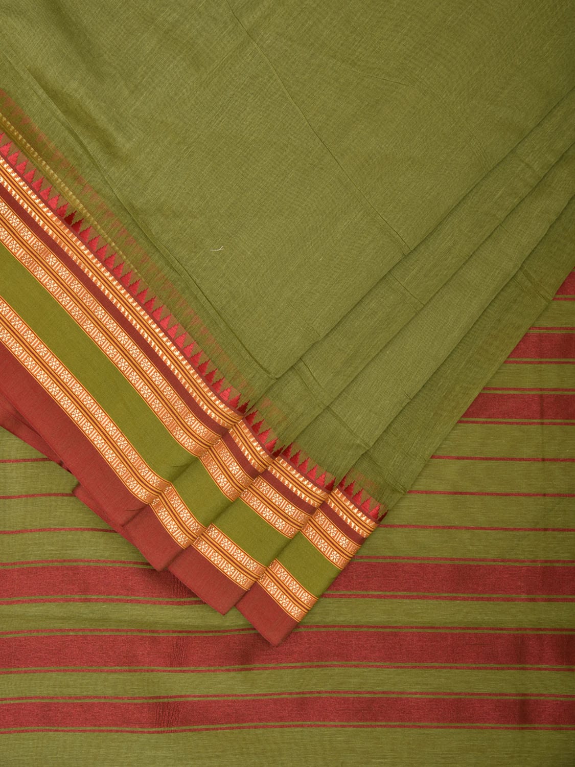 Olive Bamboo Cotton Plain Saree with Temple Border Design bc0118