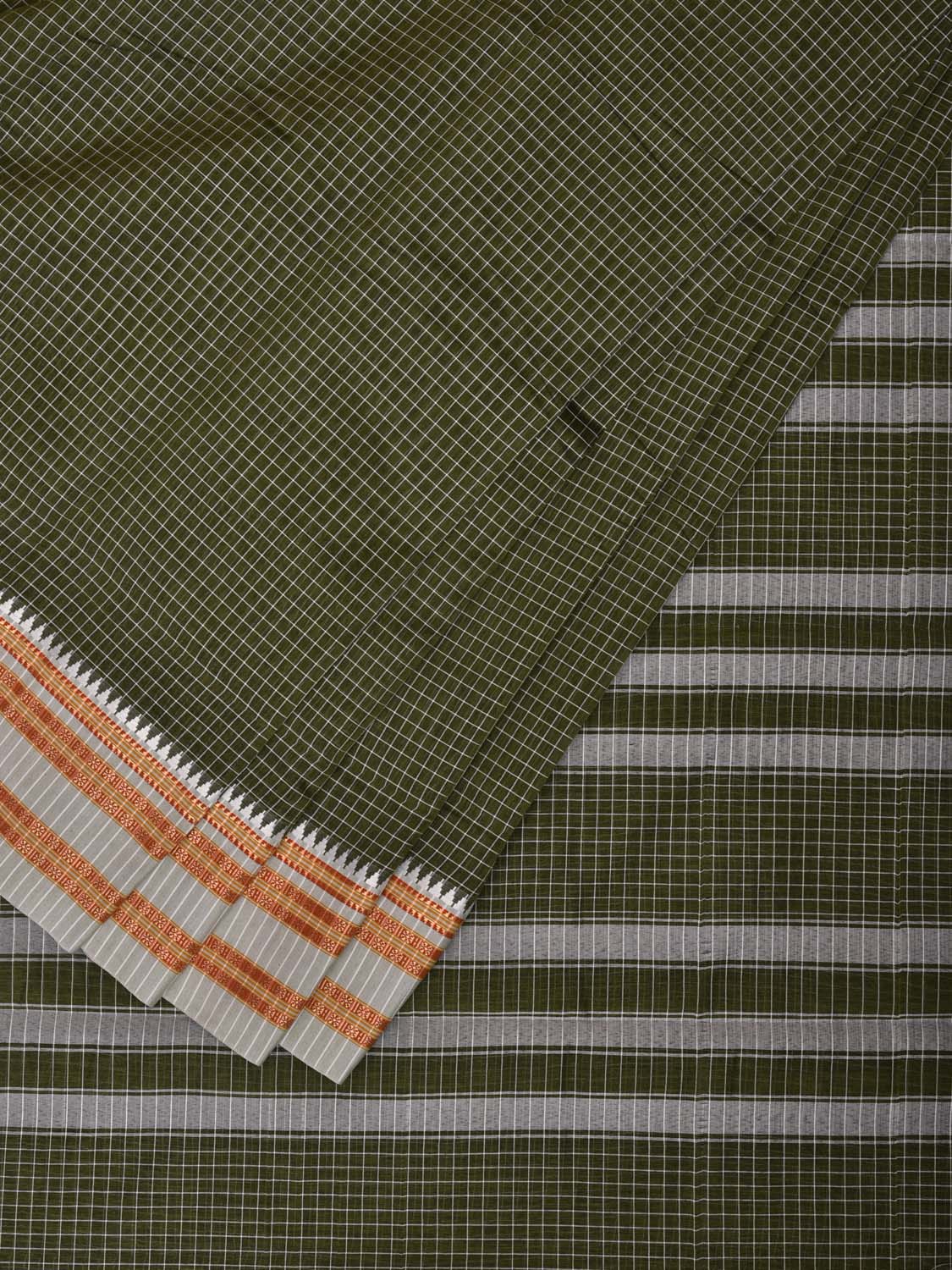Olive Bamboo Cotton Saree with Checks Design bc0091