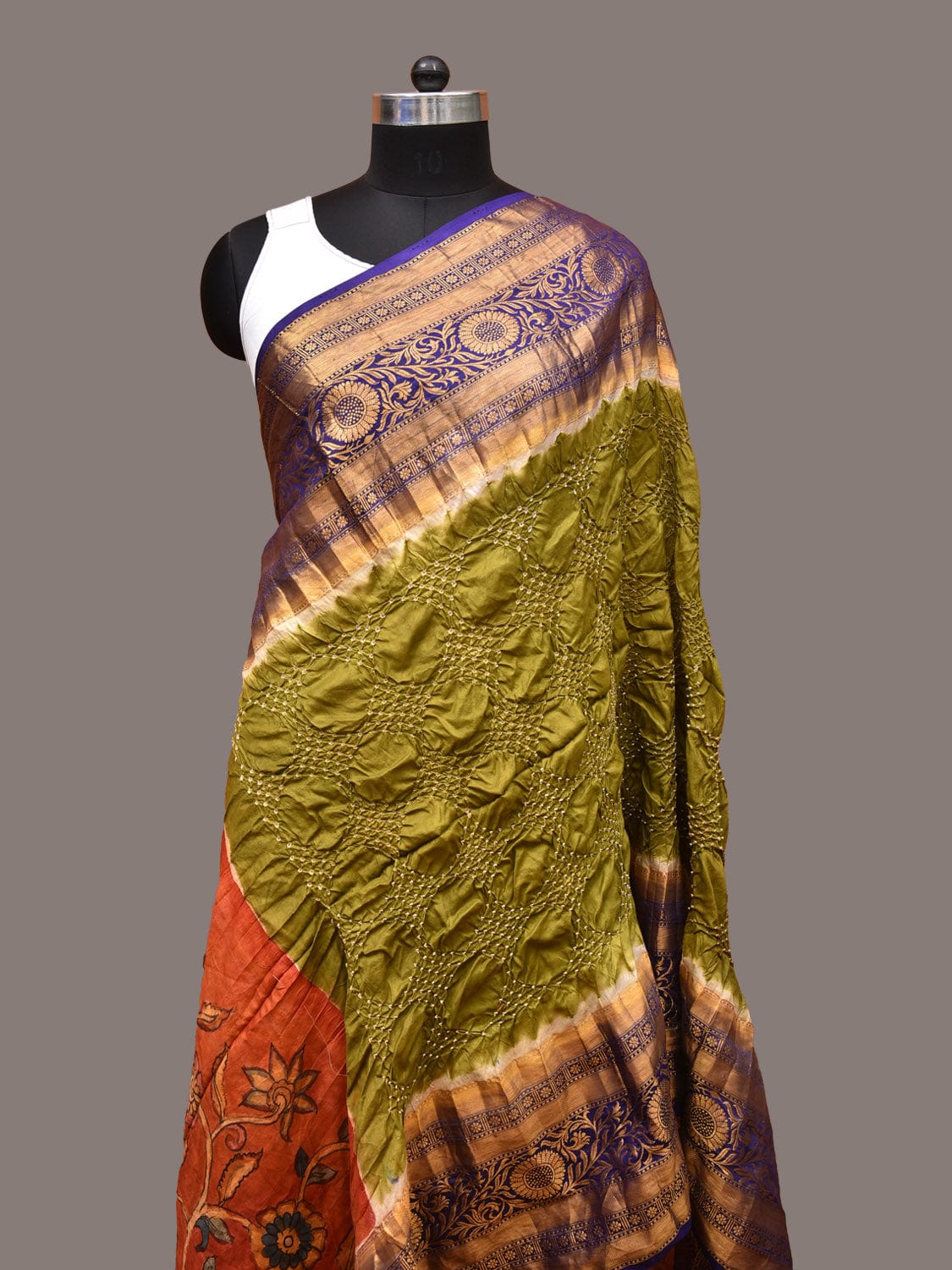 Olive Bandhani Kanchipuram Silk Handloom Dupatta with Kalamkari Design ds3345