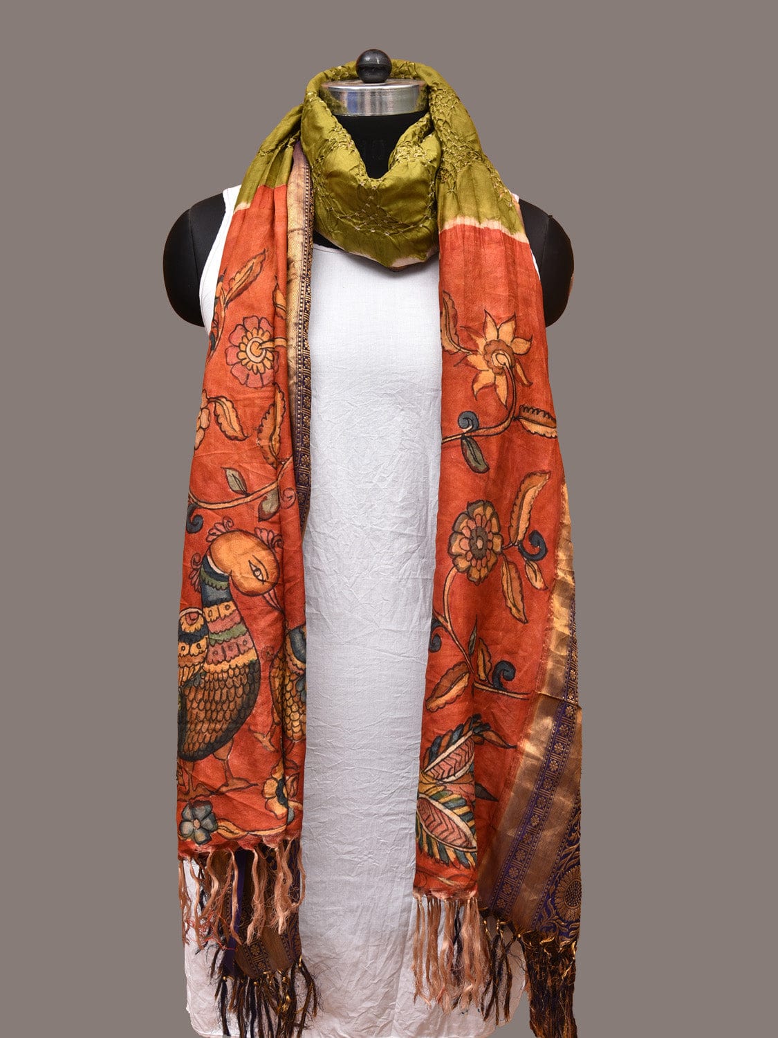 Olive Bandhani Kanchipuram Silk Handloom Dupatta with Kalamkari Design ds3345