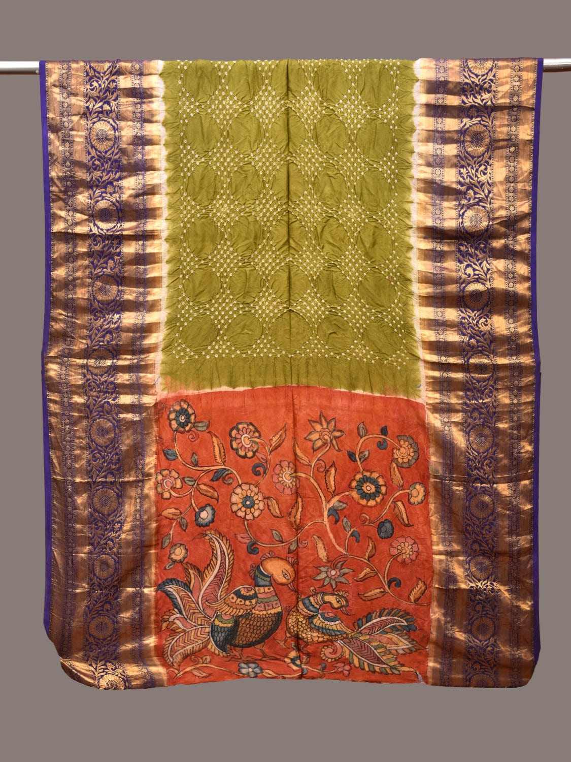 Olive Bandhani Kanchipuram Silk Handloom Dupatta with Kalamkari Design ds3345